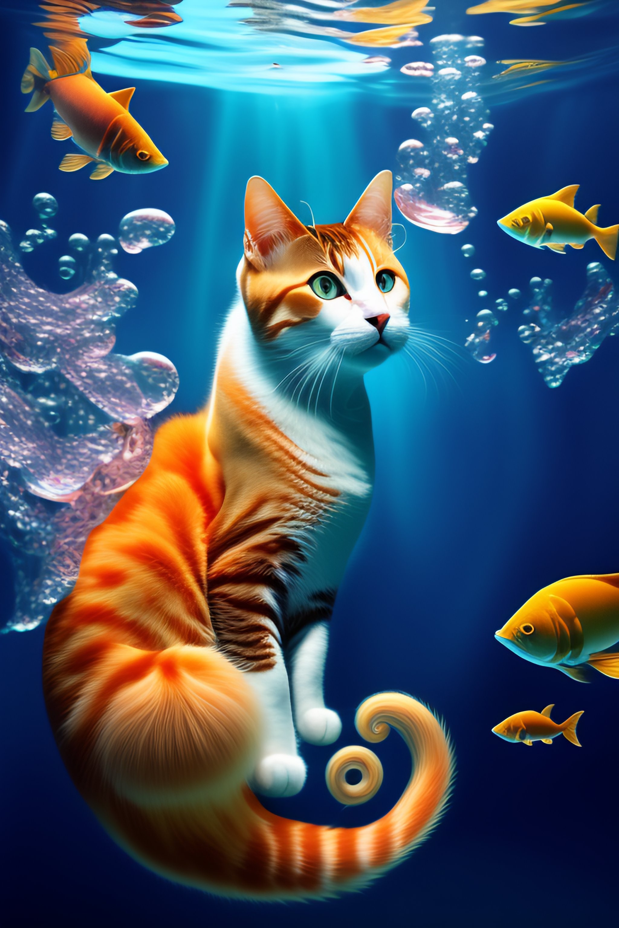 Lexica - Cat under water with sea insade, fish, seahorse,