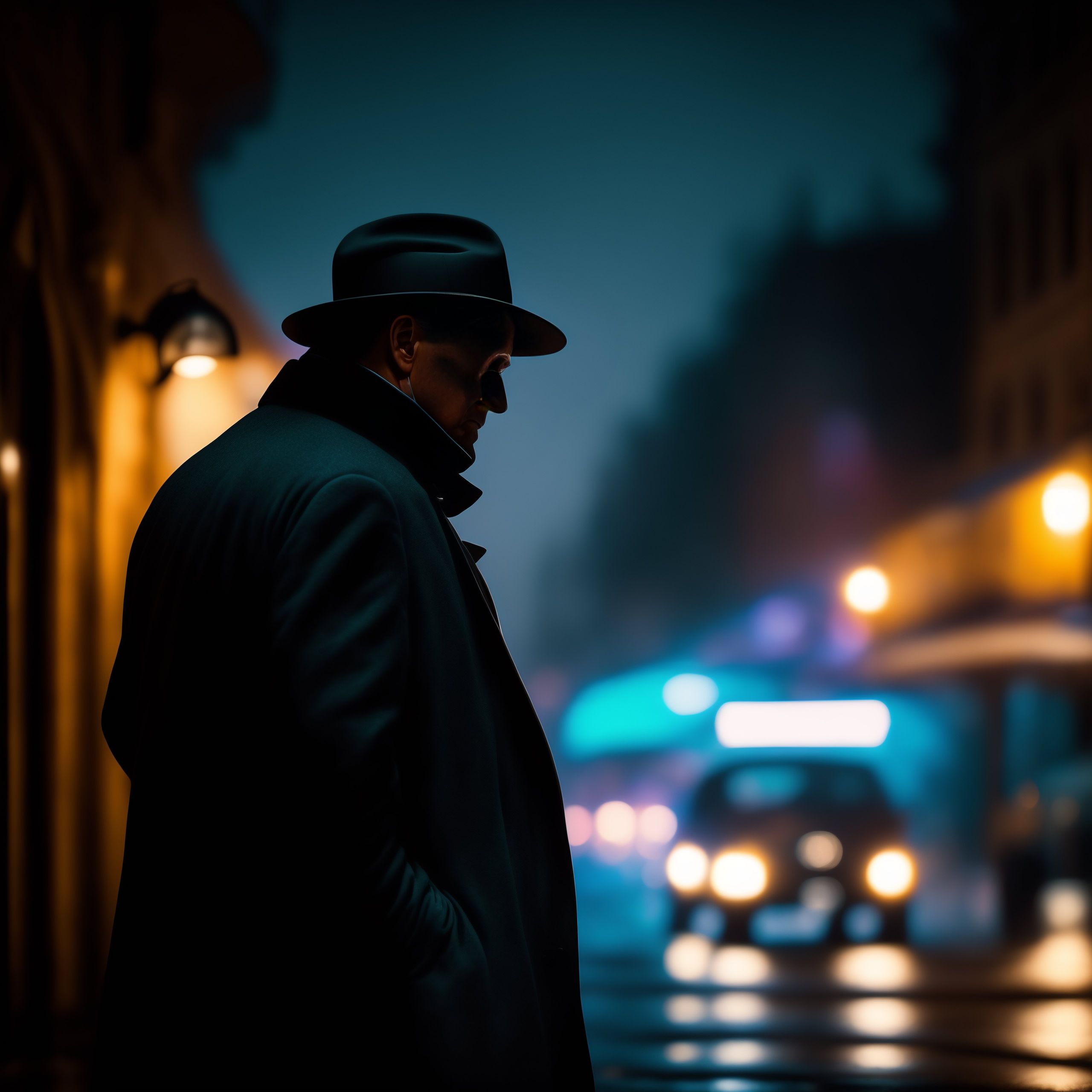 Lexica - Old private detective, at night, rain, noir film style