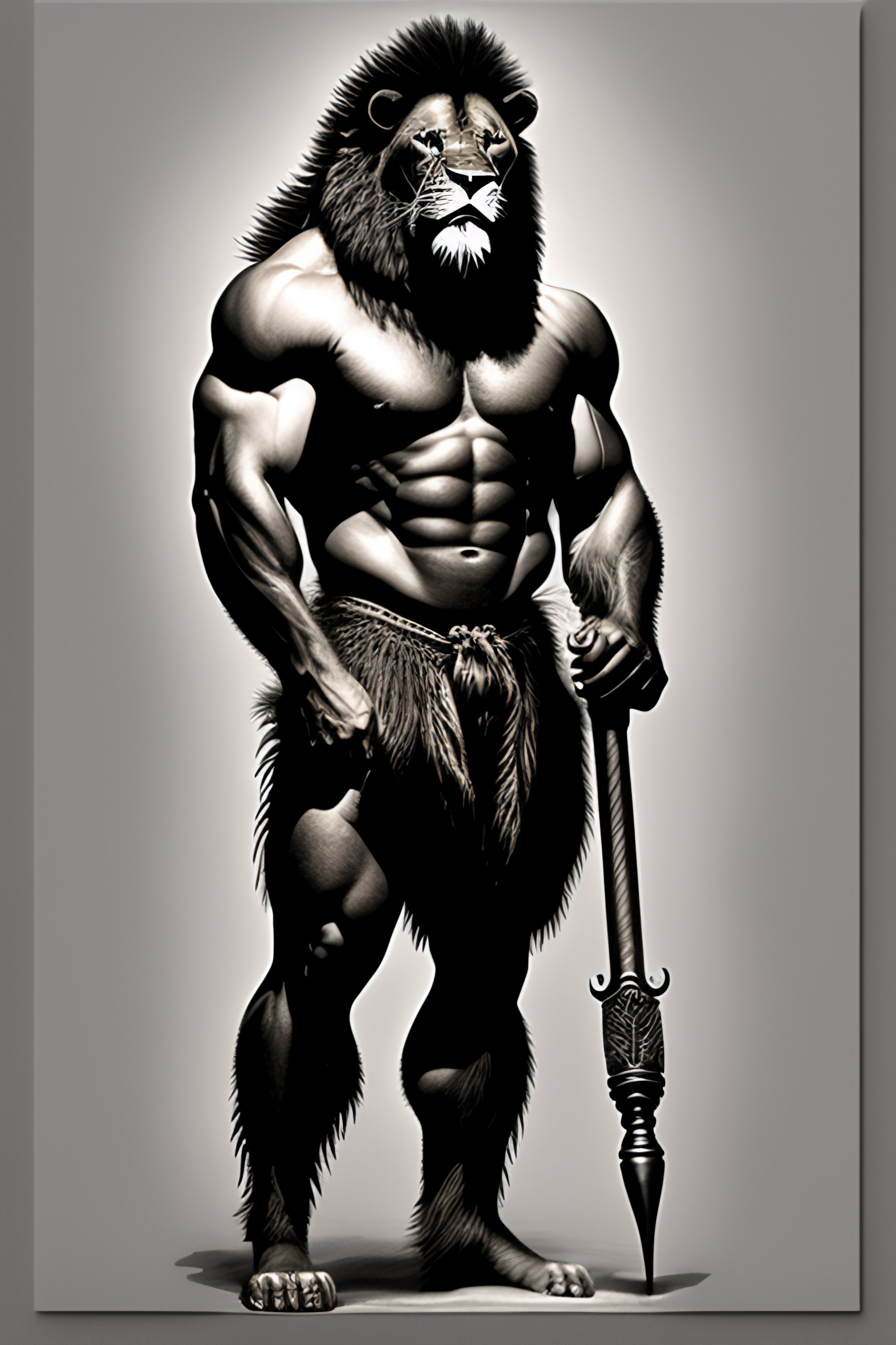 Lexica - A ink drawing full body of an anthromorphic lionman. holding a ...