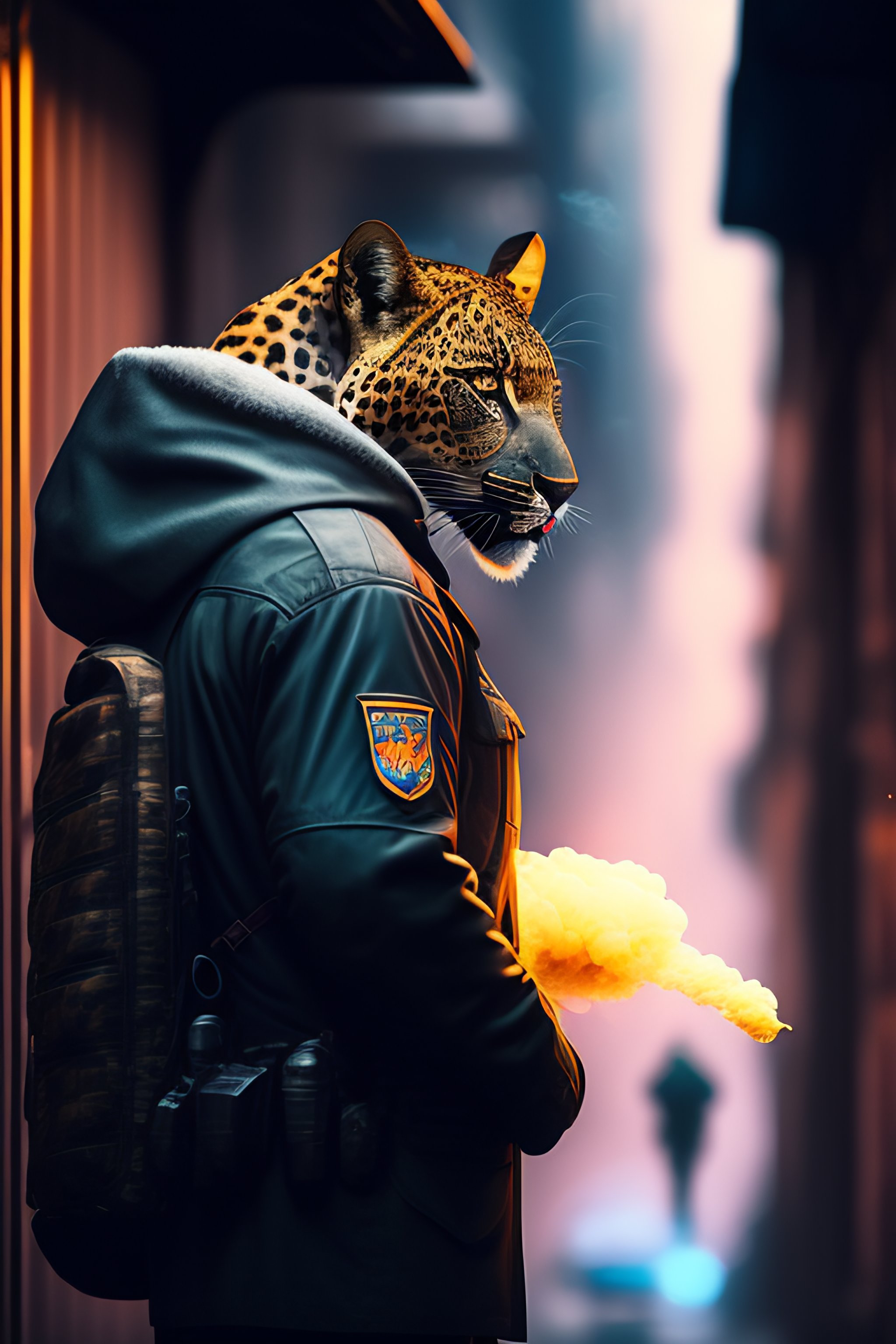 Lexica - Mercenary leopard smoking in a cyberpunk alley
