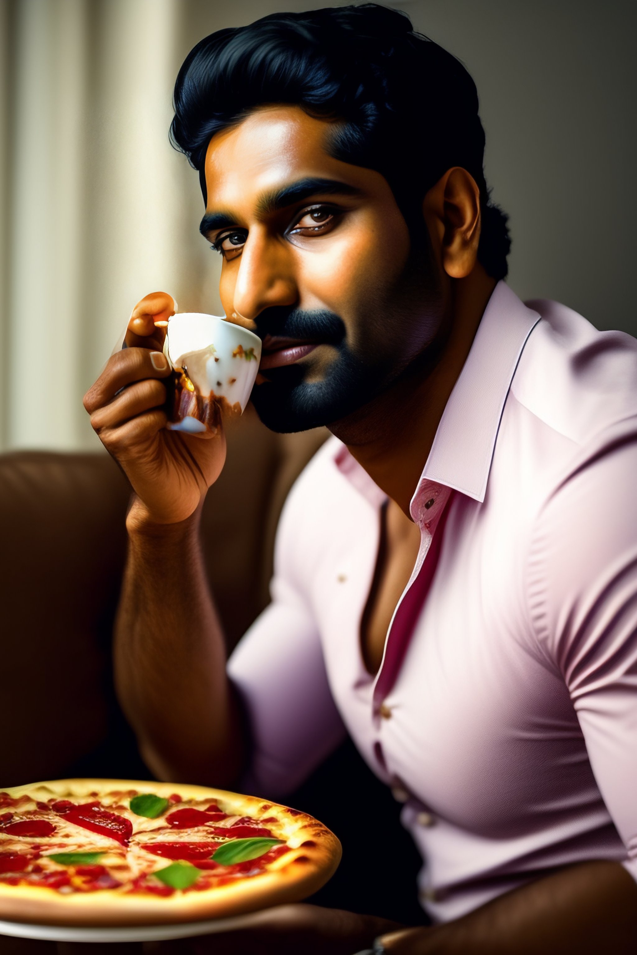 lexica-35-years-old-indian-man-sipping-tea-and-eating-pizaa