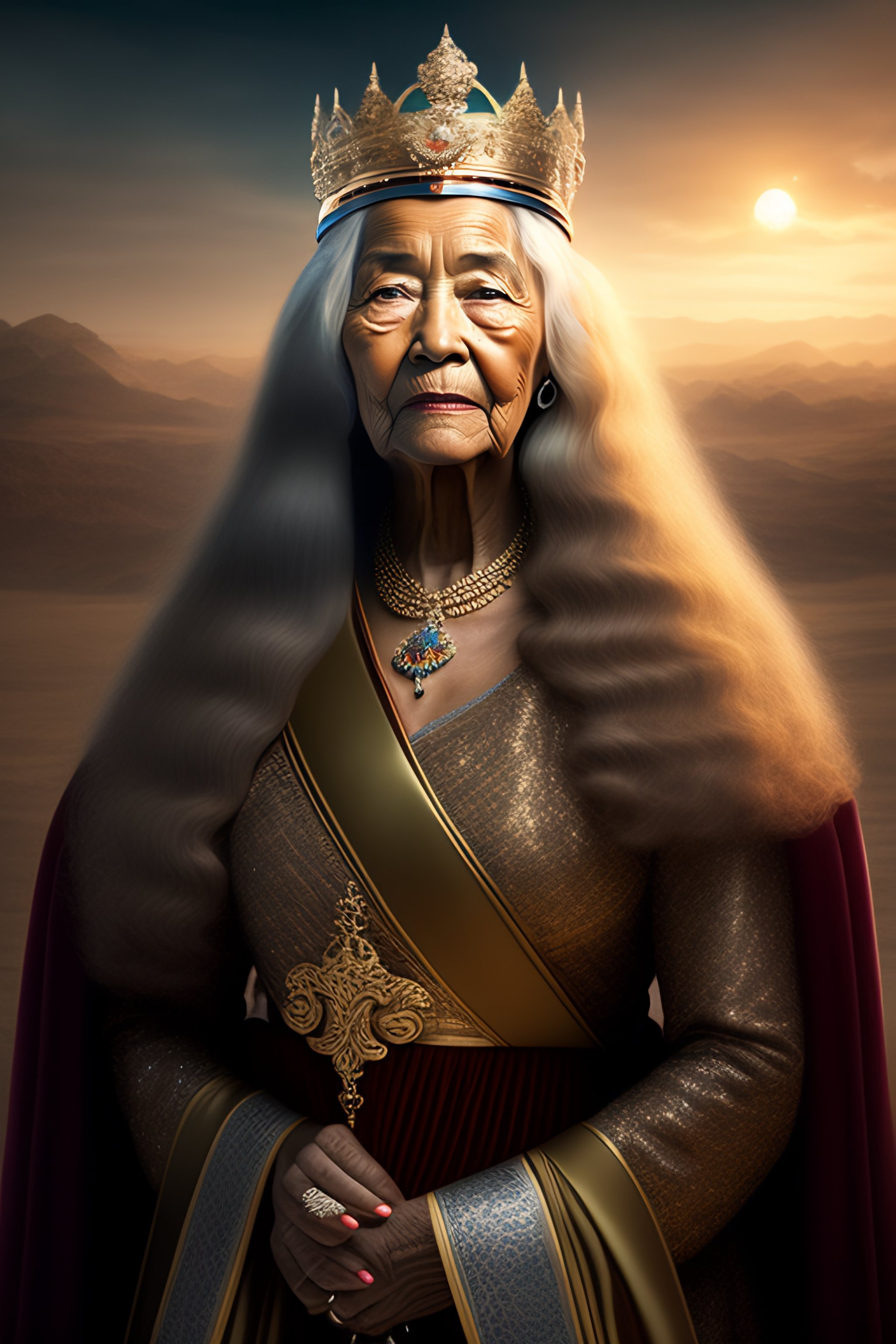 Lexica - Woman old blind lady with long hair and queen of a kingdom