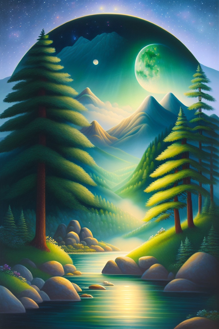 Lexica - Here is a description of a painting of mountains and forests ...