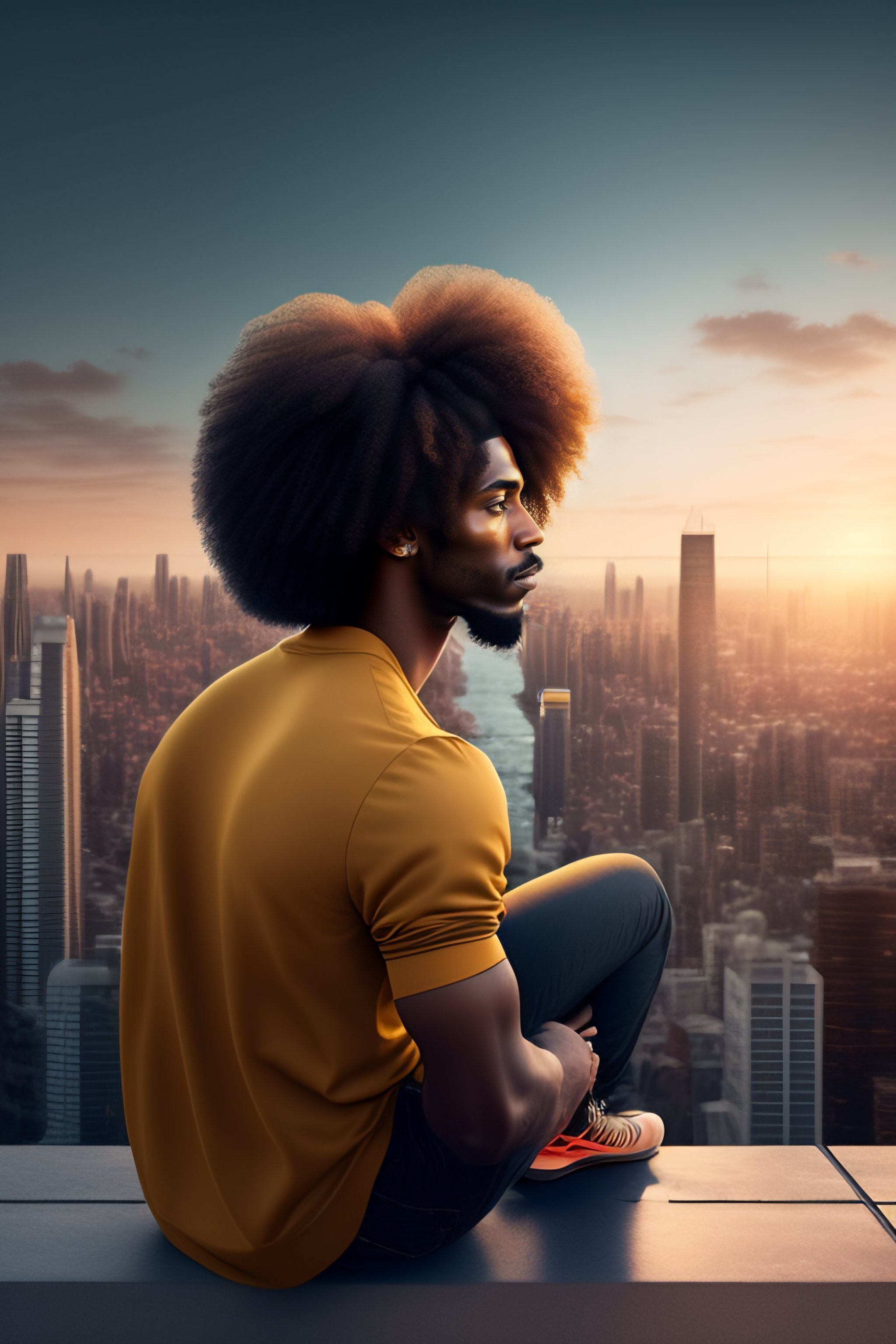 Lexica - “ man with curly Afro hair style sitting on a roof looking ...