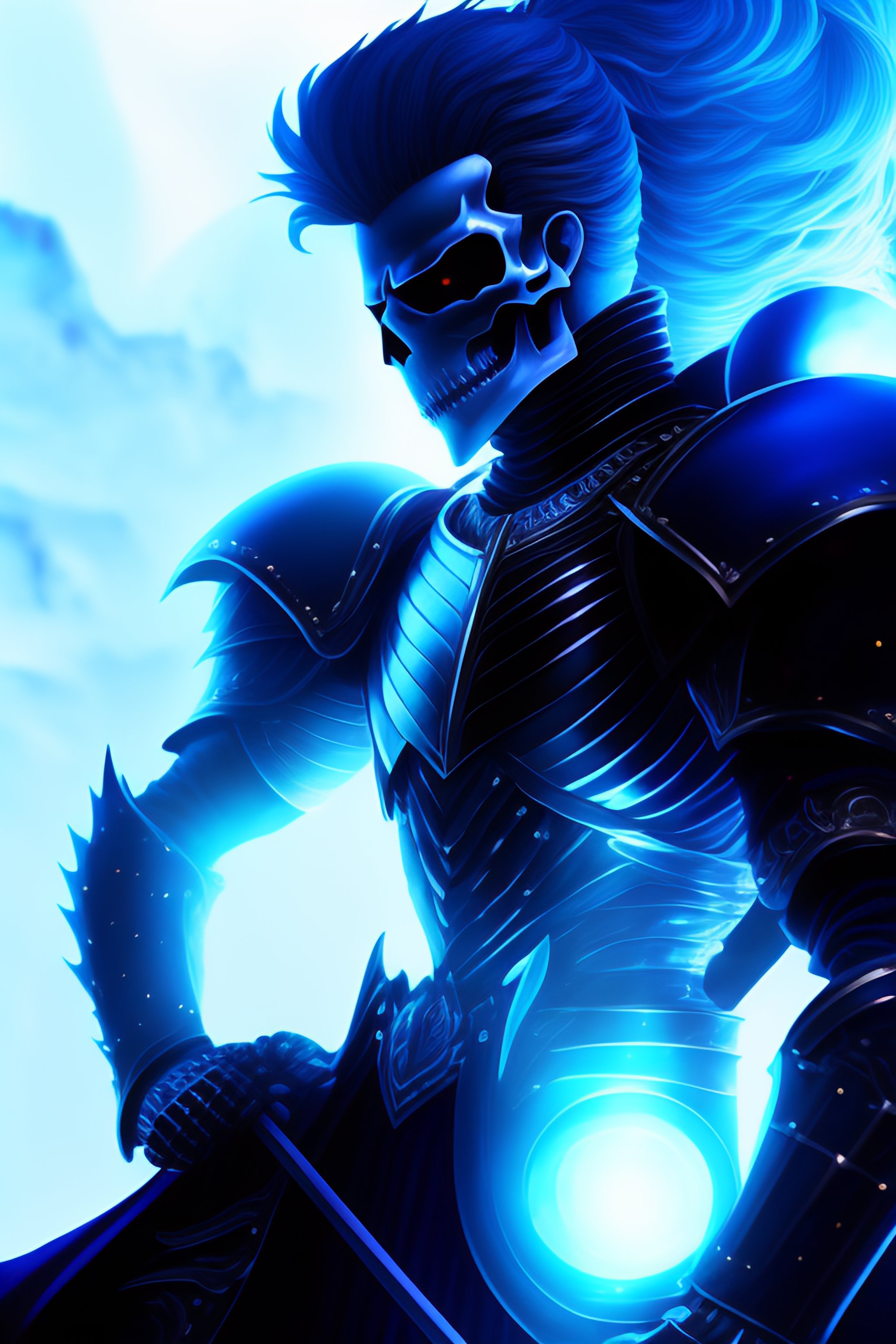 Lexica Giant skeleton in black armor, blue ghostly aura around him