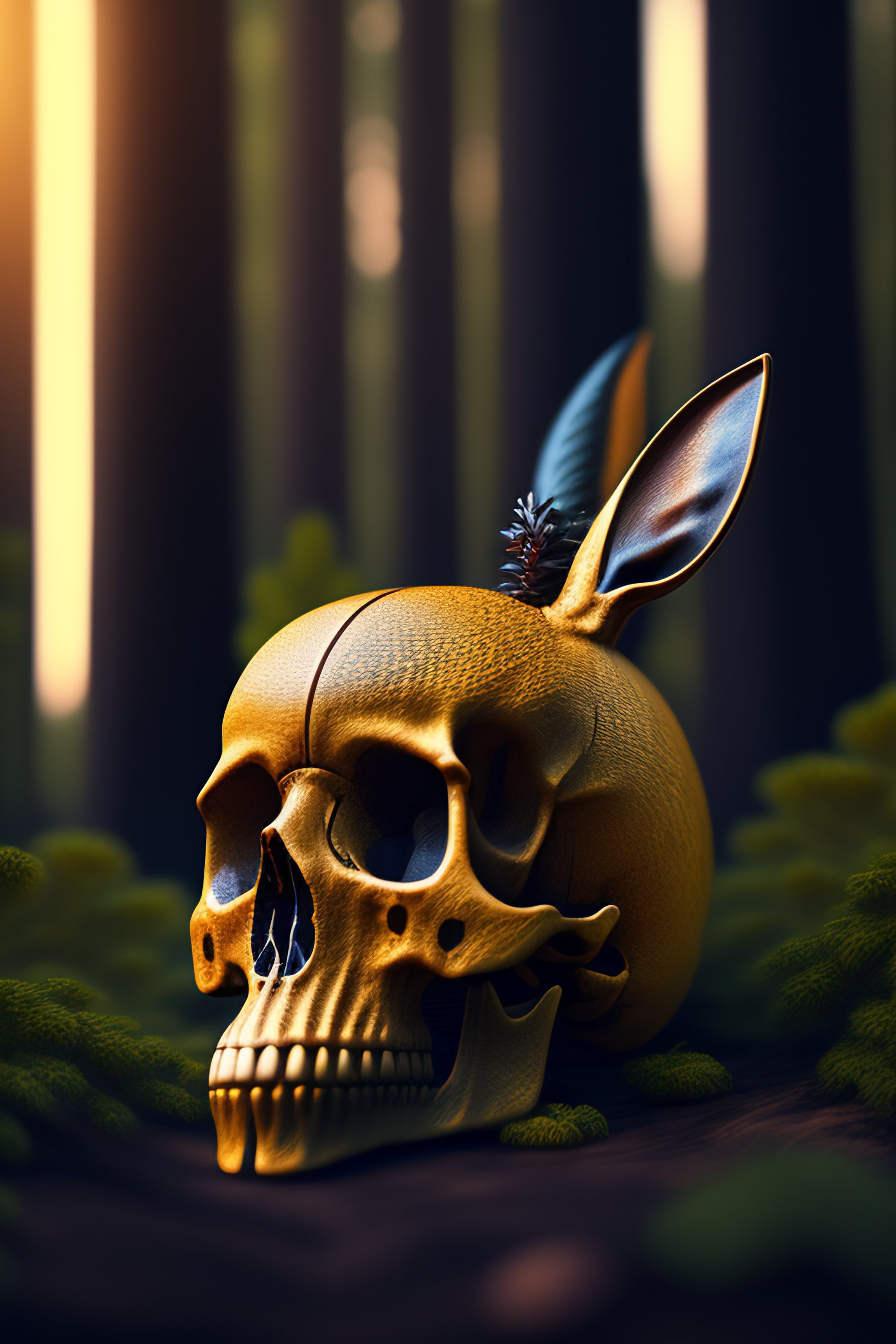 Lexica - The skull of a jackrabbit laying on the ground of a dark