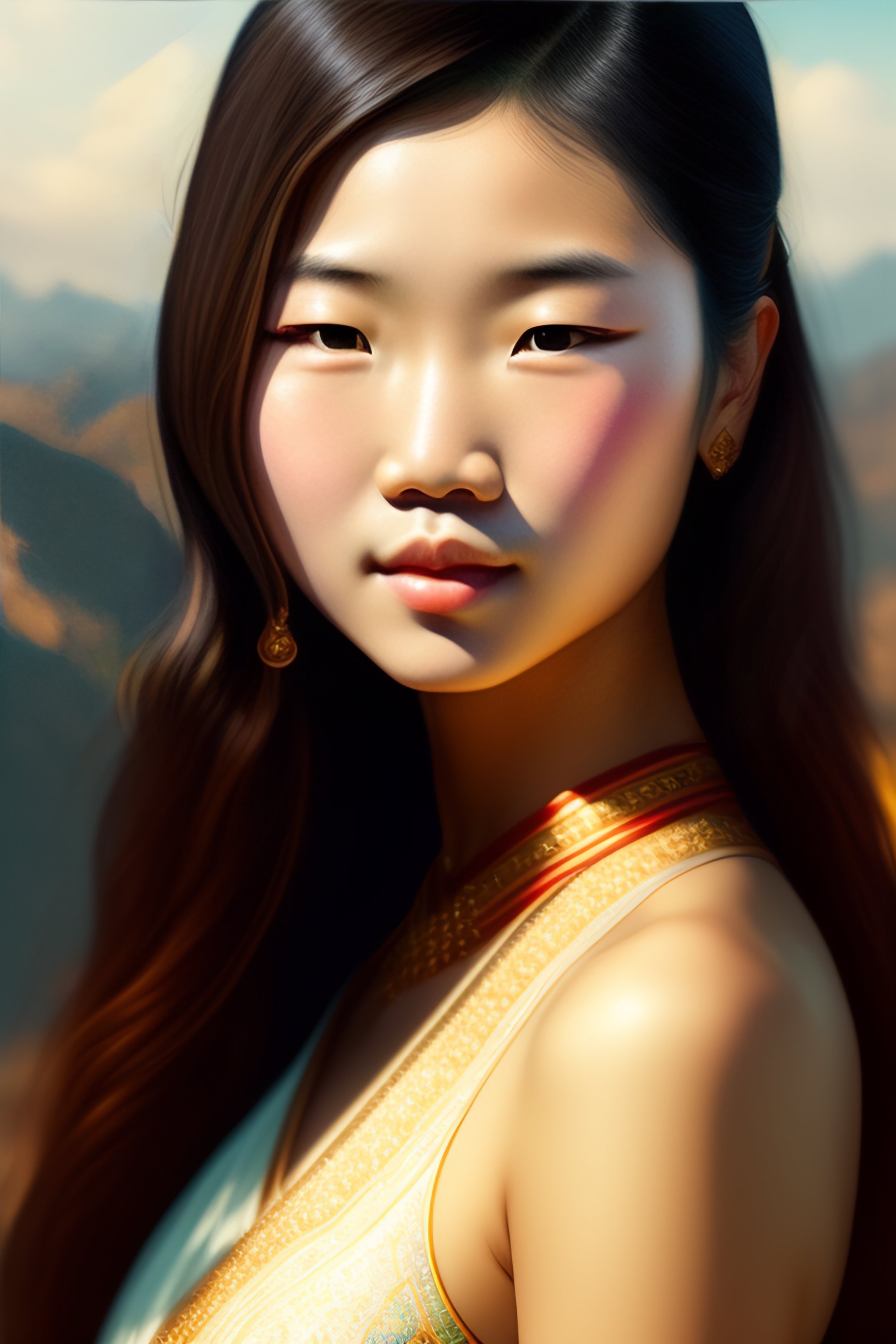 Lexica Girl with beautiful semiAsian features and style of the gods