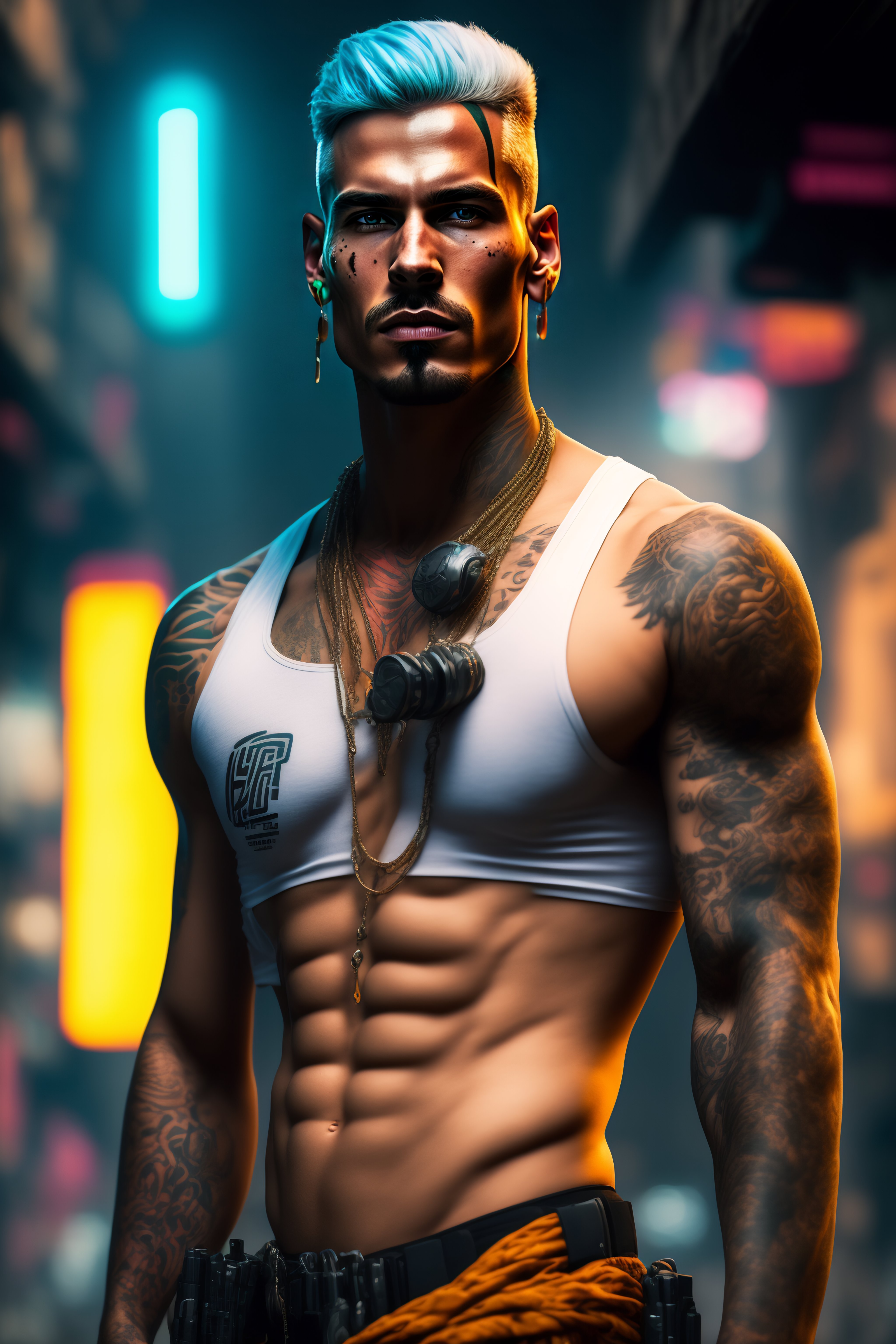 Lexica - Slum cyberpunk white man with gun, tattoed, cyberpunk slum rio ...