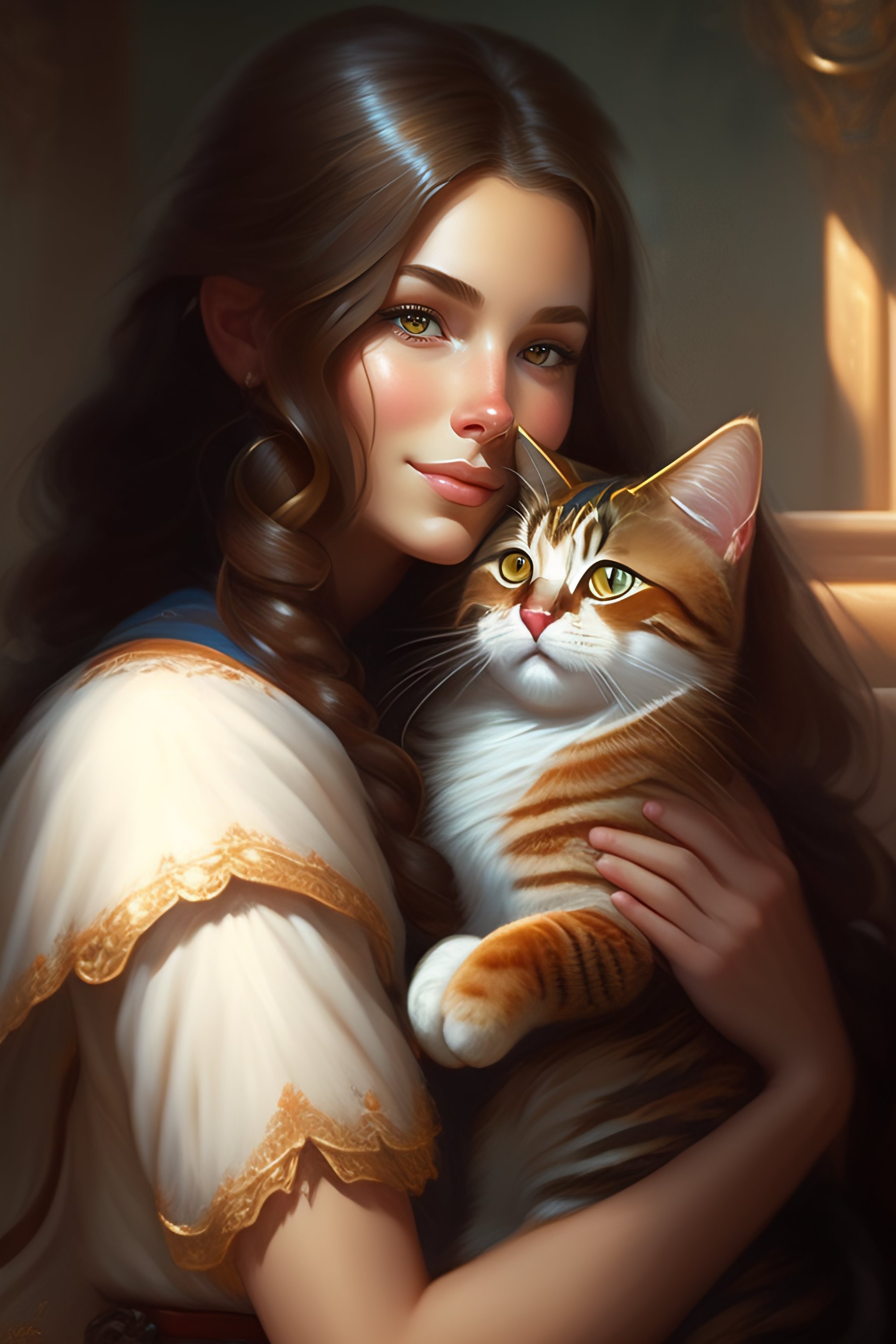 Lexica - A detailed portrait of a cute brunette girl hugging a tabby ...
