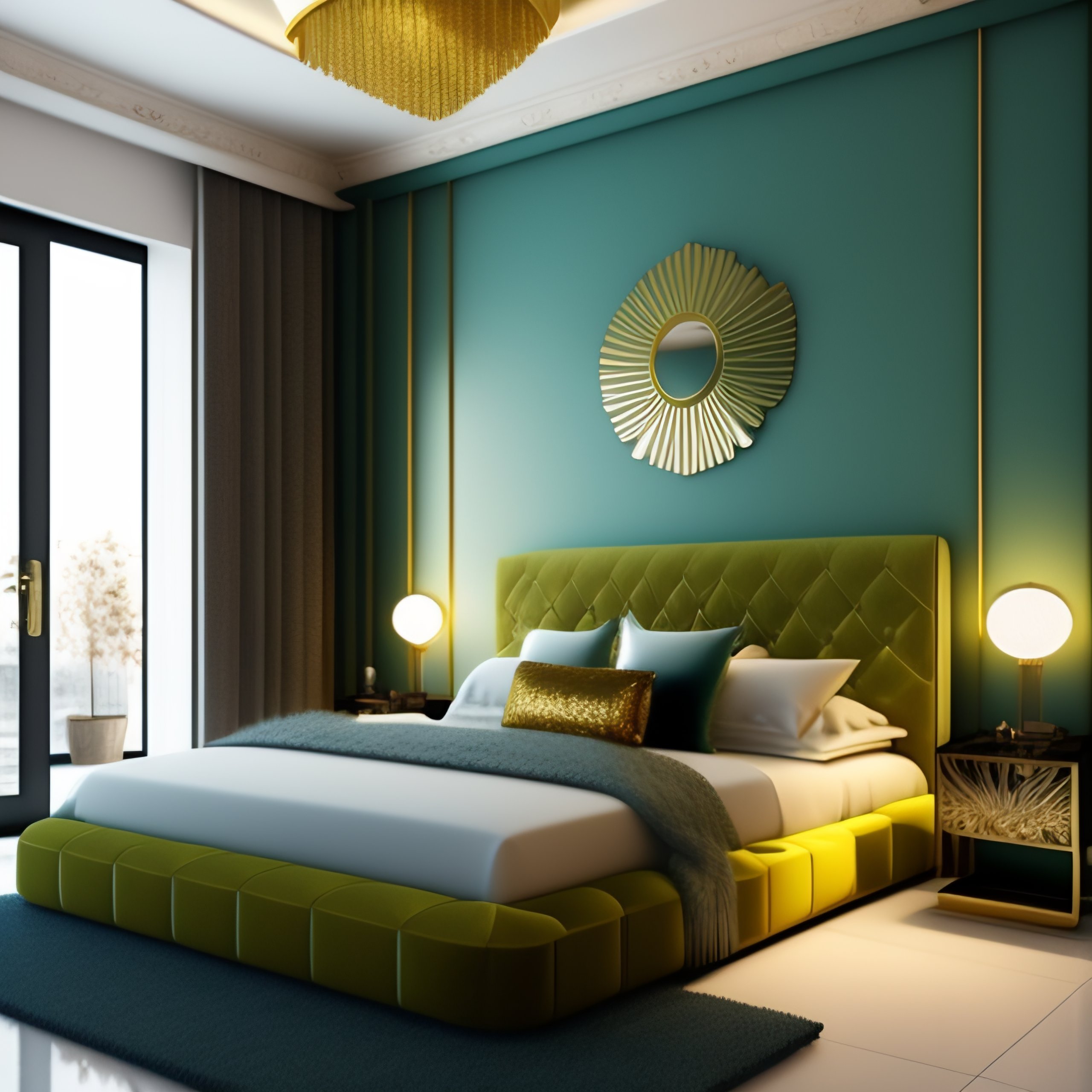 Lexica - Seagreen and golden small bedroom design