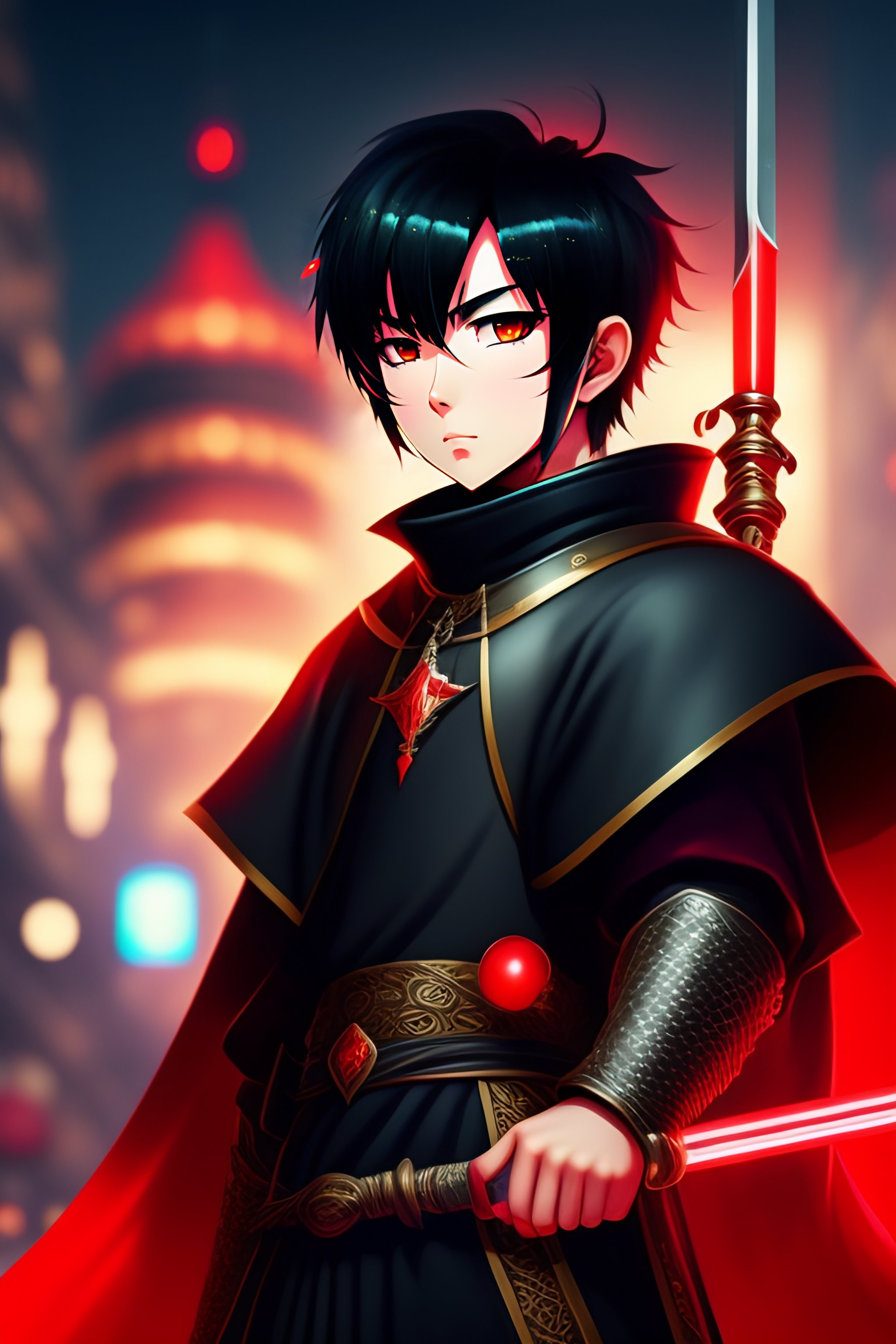 Lexica - Anime style boy black hair, deep focus, medieval knight cloths ...