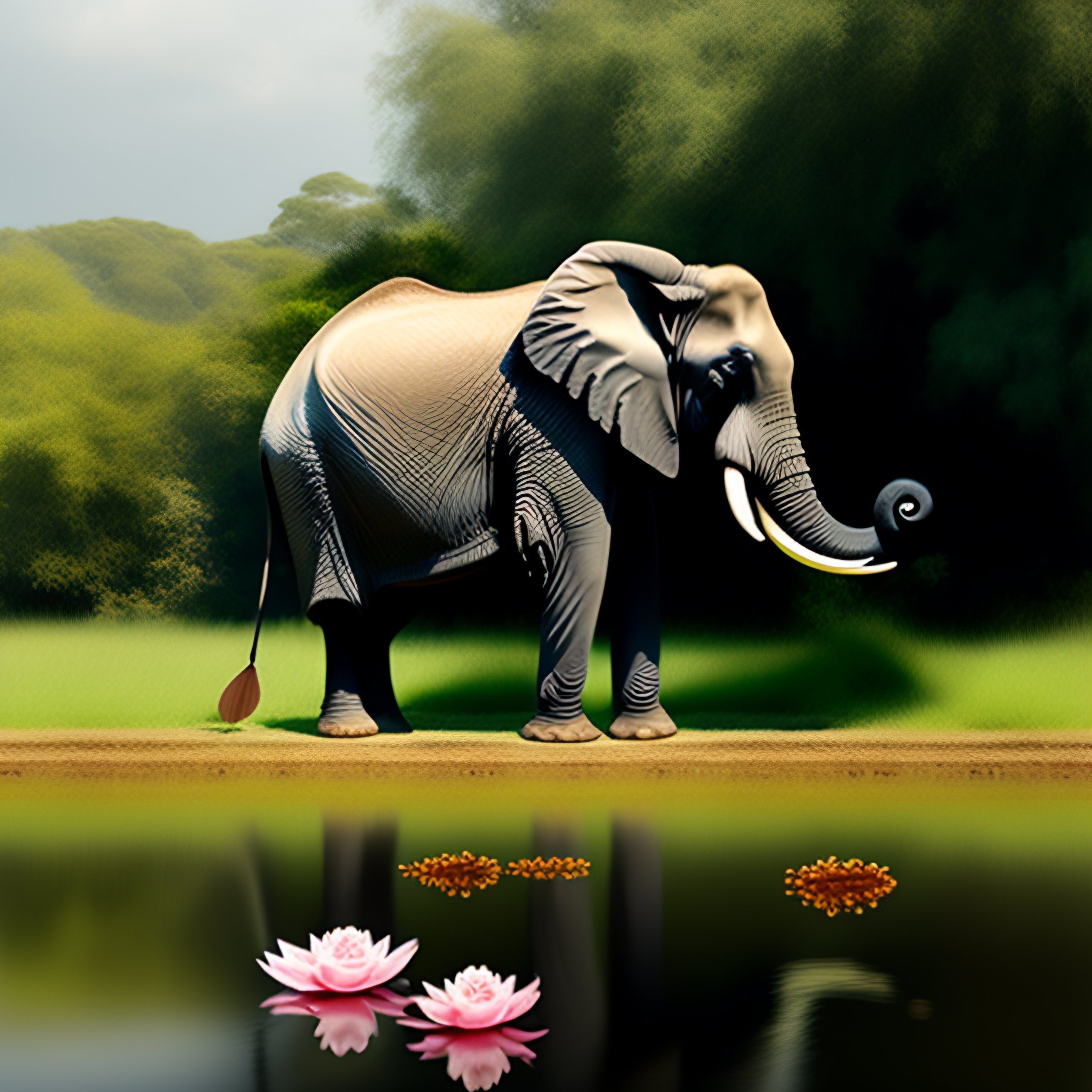Lexica Elephant with lotus in trunk ,pond