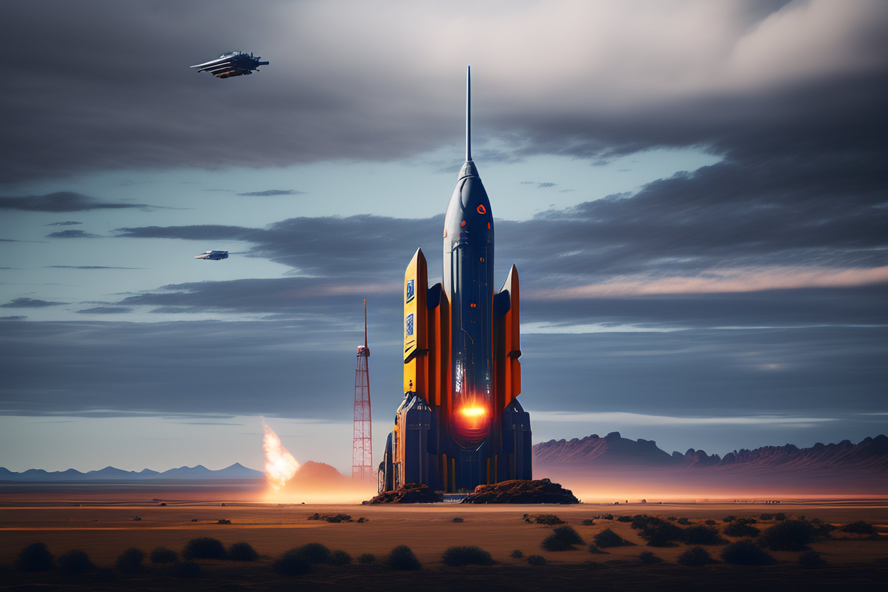 Lexica - Giant scifi space rocket, fired from launch platform, exhaust ...