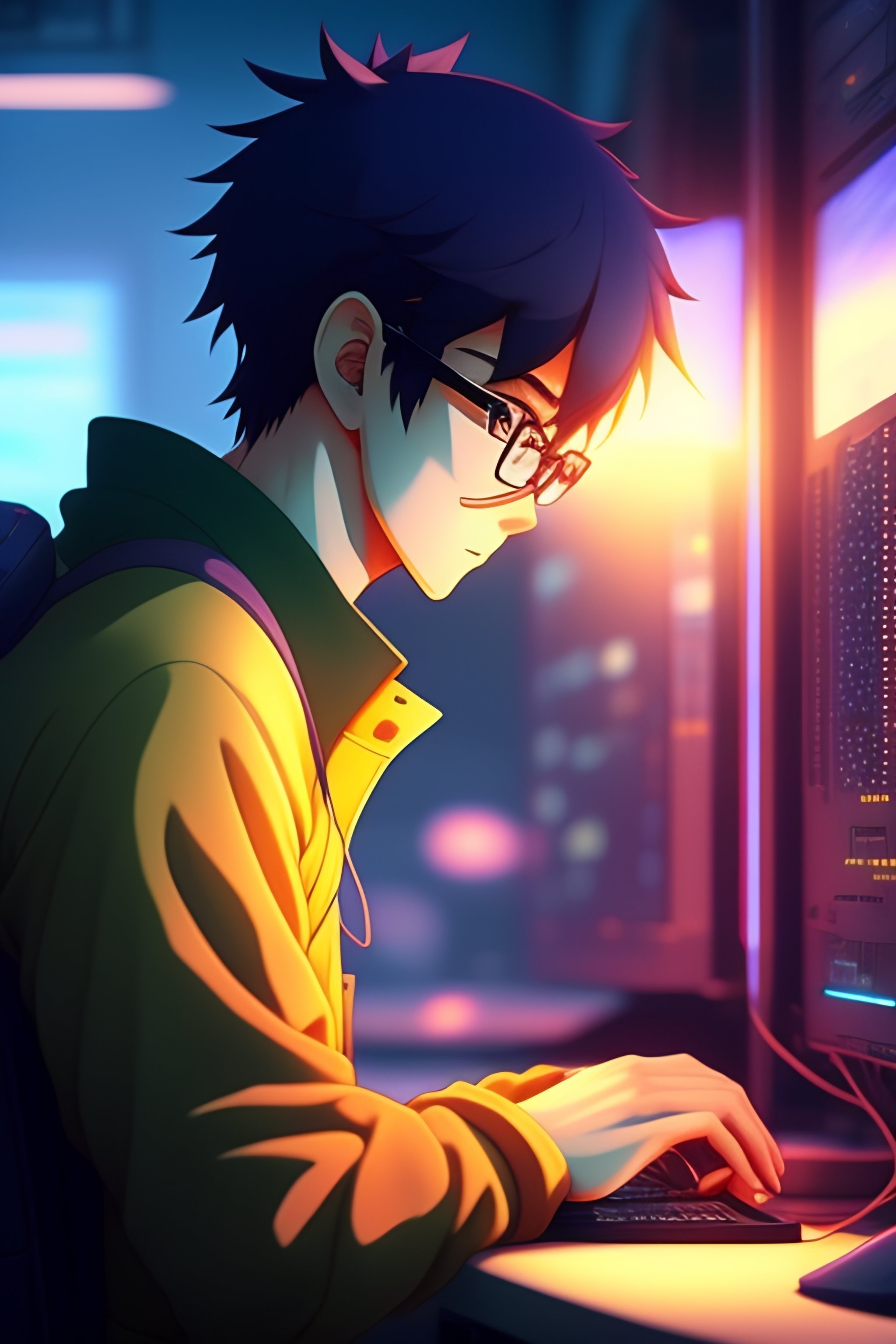 Lexica - A nerdy anime boy is using the phone scrolling in instagram in a  room full of gadgets, by makoto shinkai and ghibli studio, dramatic  lightin