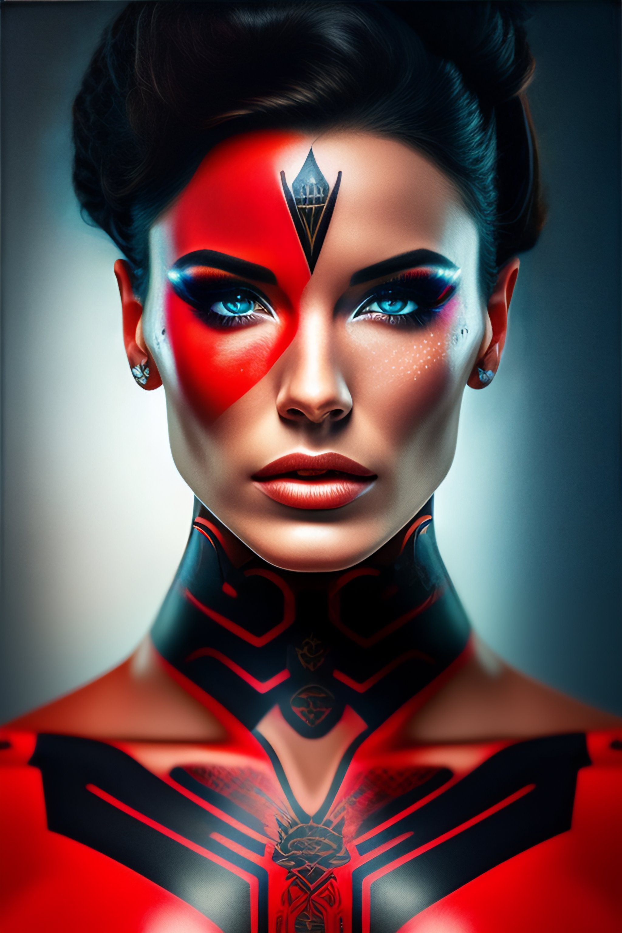 Lexica - Human face with half cybernetics red eyes and tattoo on the ...