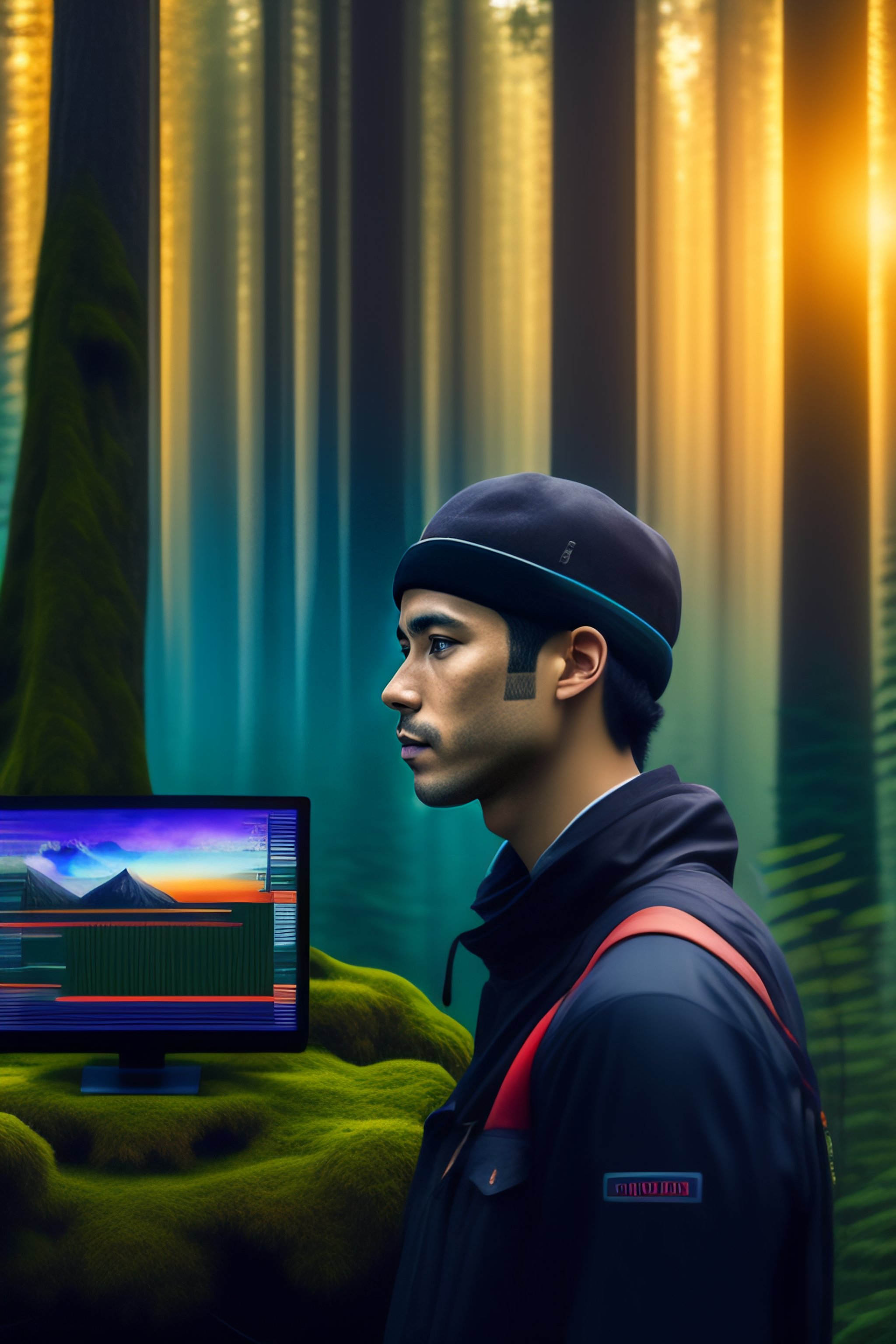 Lexica - Portrait of programmer next to computer in the forrest