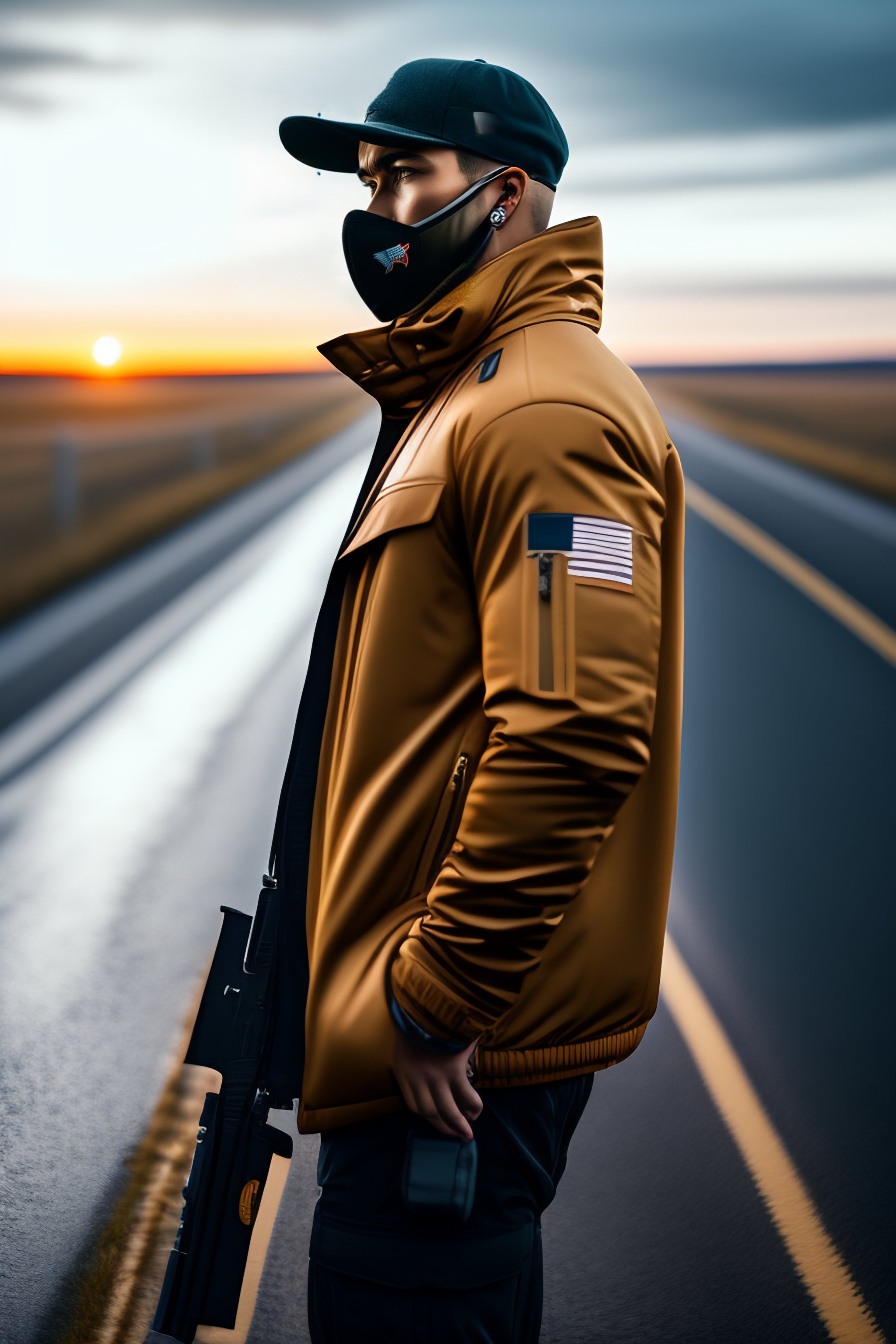 Lexica - Man wearing a jacket and a cap and mask, standing on the road ...