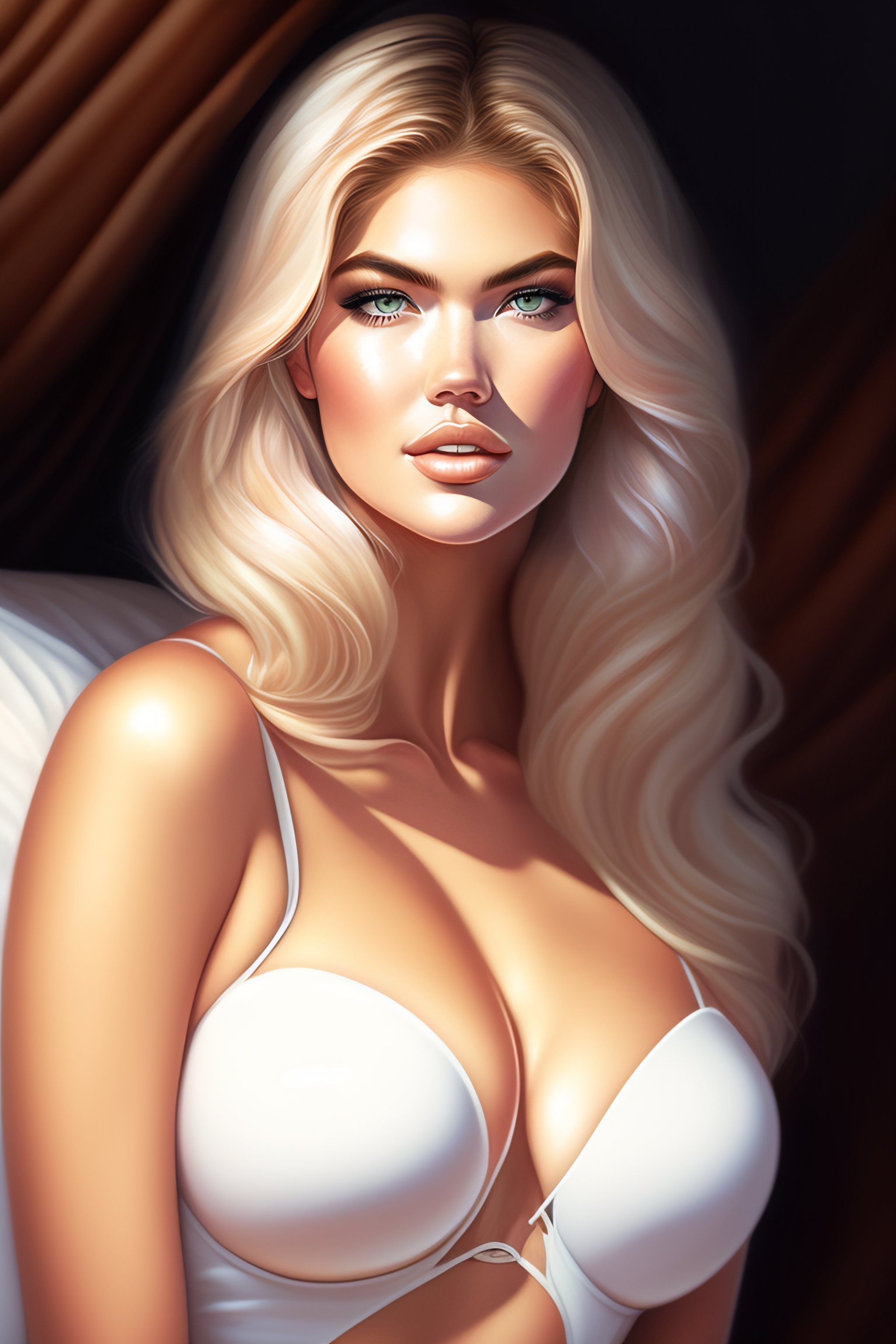 Lexica - 2D digital painting of Kate Upton, wearing white outfit, crouching  in a bed, full intimate setting, by artgerm lau rossdraws elegant highly ...