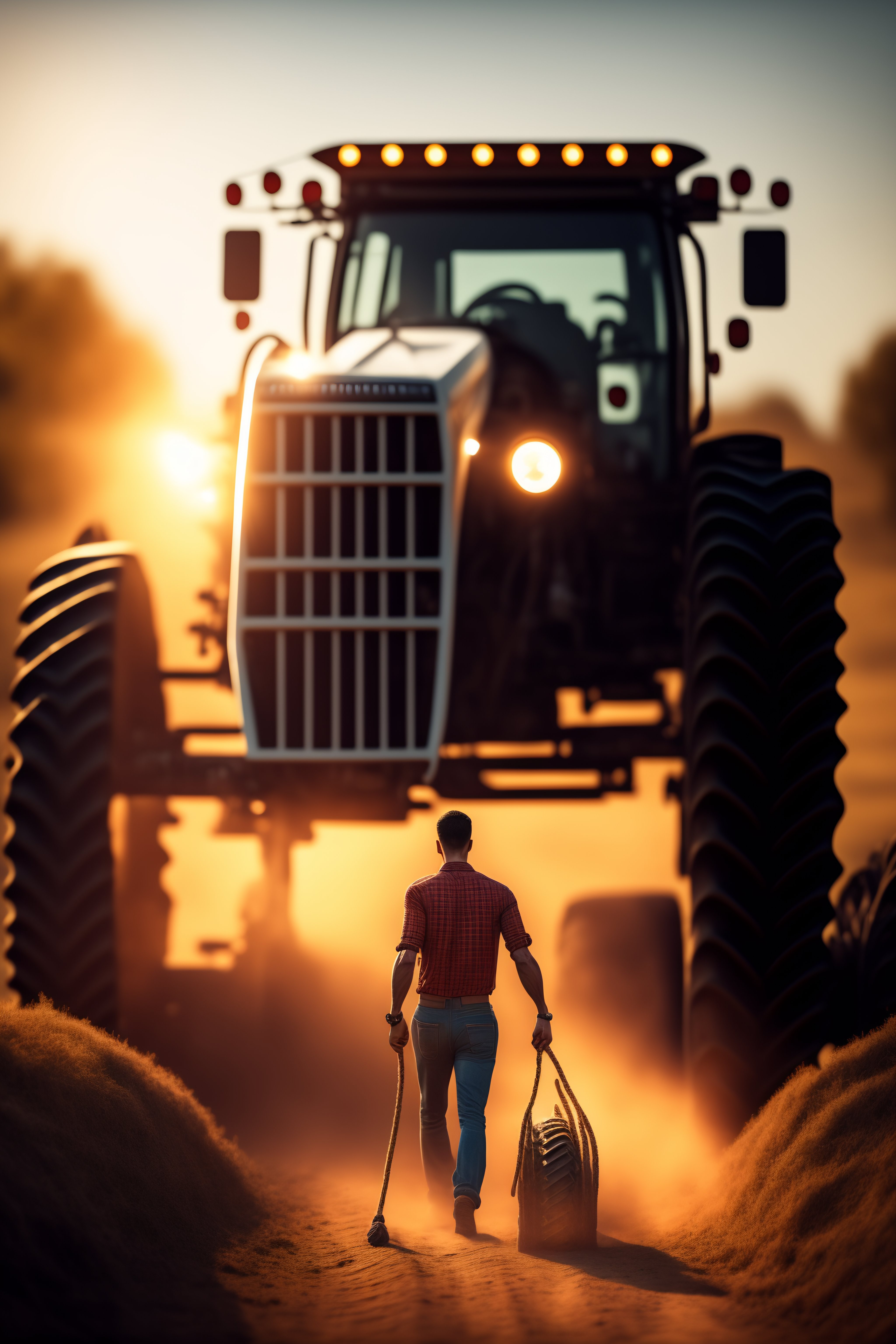 Lexica - A skinny person pulling a tractor by rope, studio lighting ...