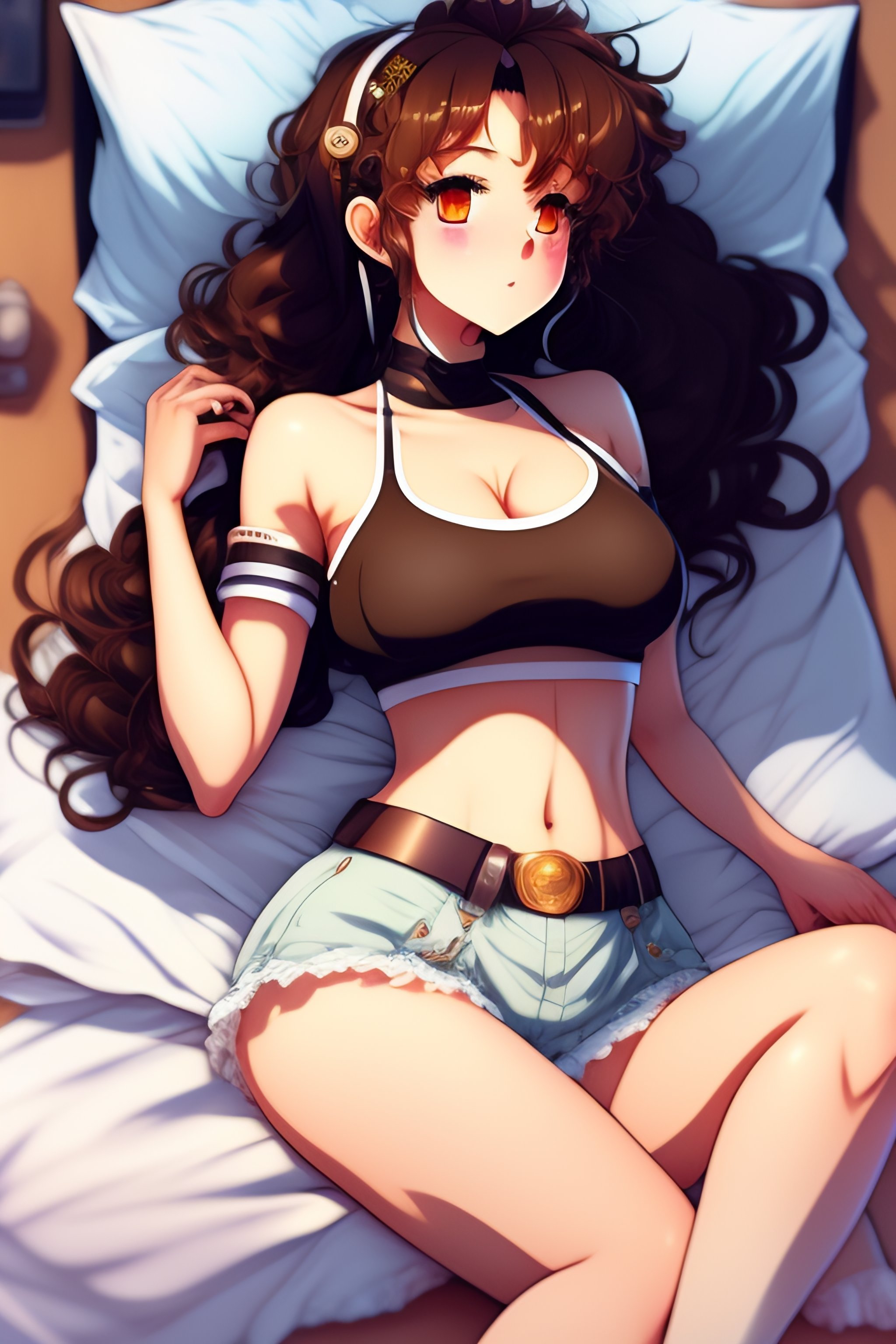 Lexica - Anime style, cute girl, 19 years old, medium curly brown hair,  skinny, flat belly visible, slim waist, thick, medium bust, gamer girl crop  t...