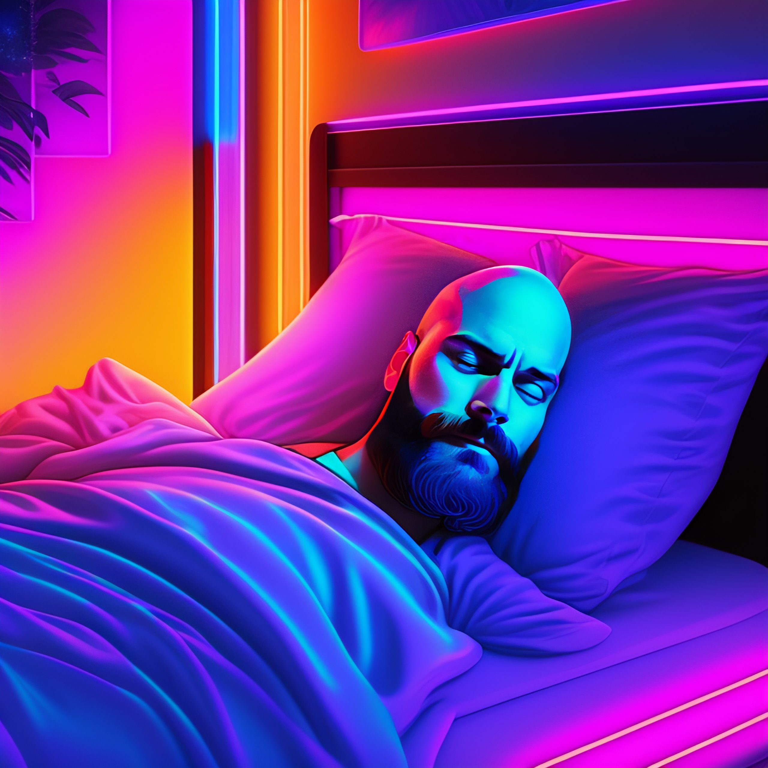 Lexica A Bald And Bearded Man Is Sleeping On A Bed Synthwave Pink And Blue Neon Lights