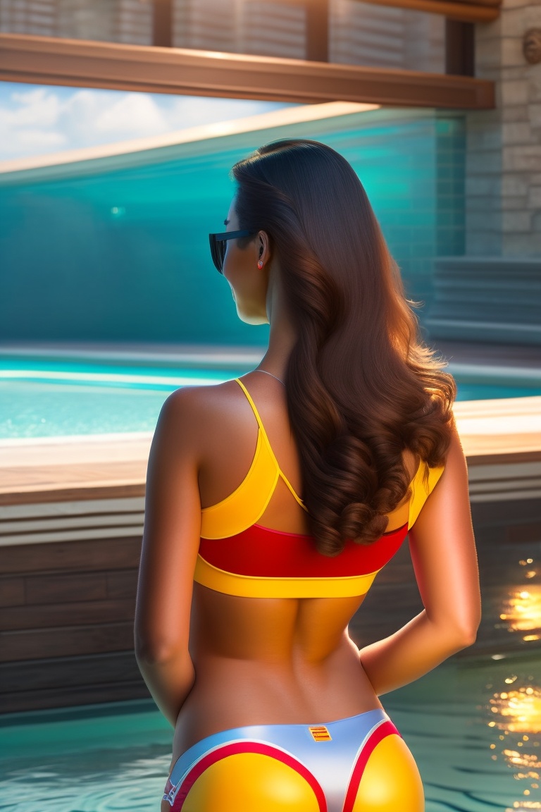 Lexica - Hot girl standing by pool, back view, bikini