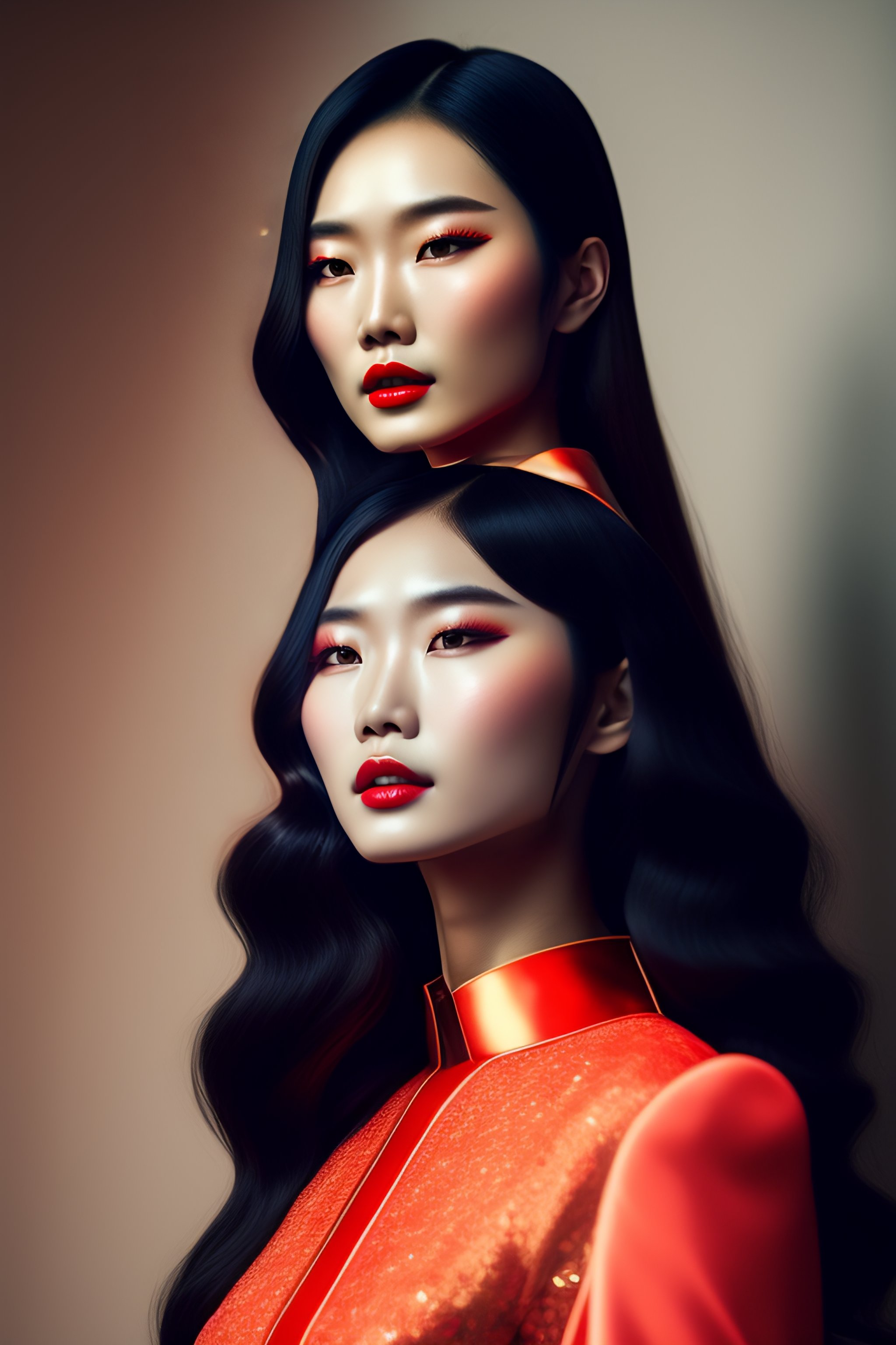 Lexica - Photoshoot of du juan, asian model, portrait, cover, skincare,  real life skin details, light makeup, beautiful hair, hairstyle, red lips,  el...