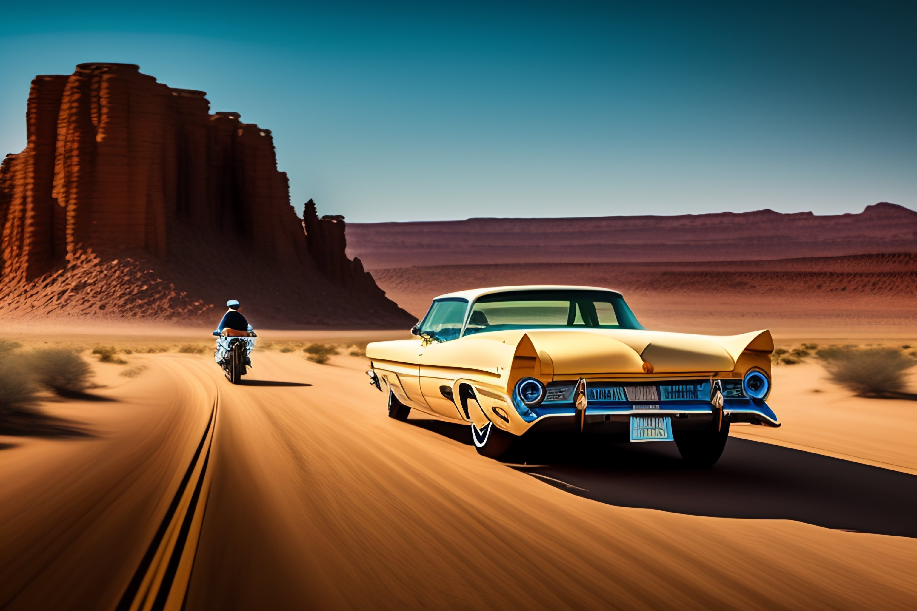 Lexica - Two women driving a lowrider in a desert highway
