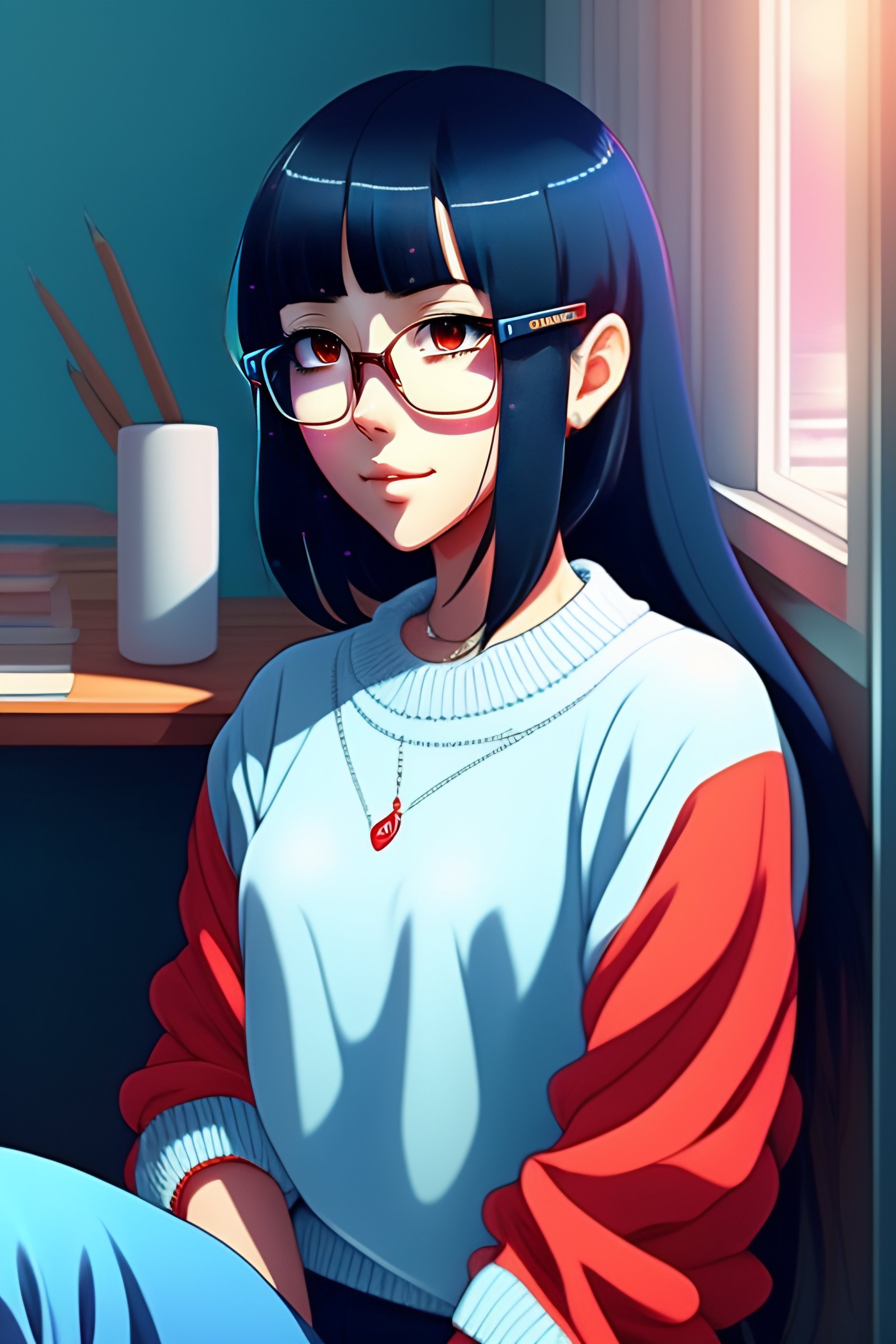 anime girl with black hair and glasses