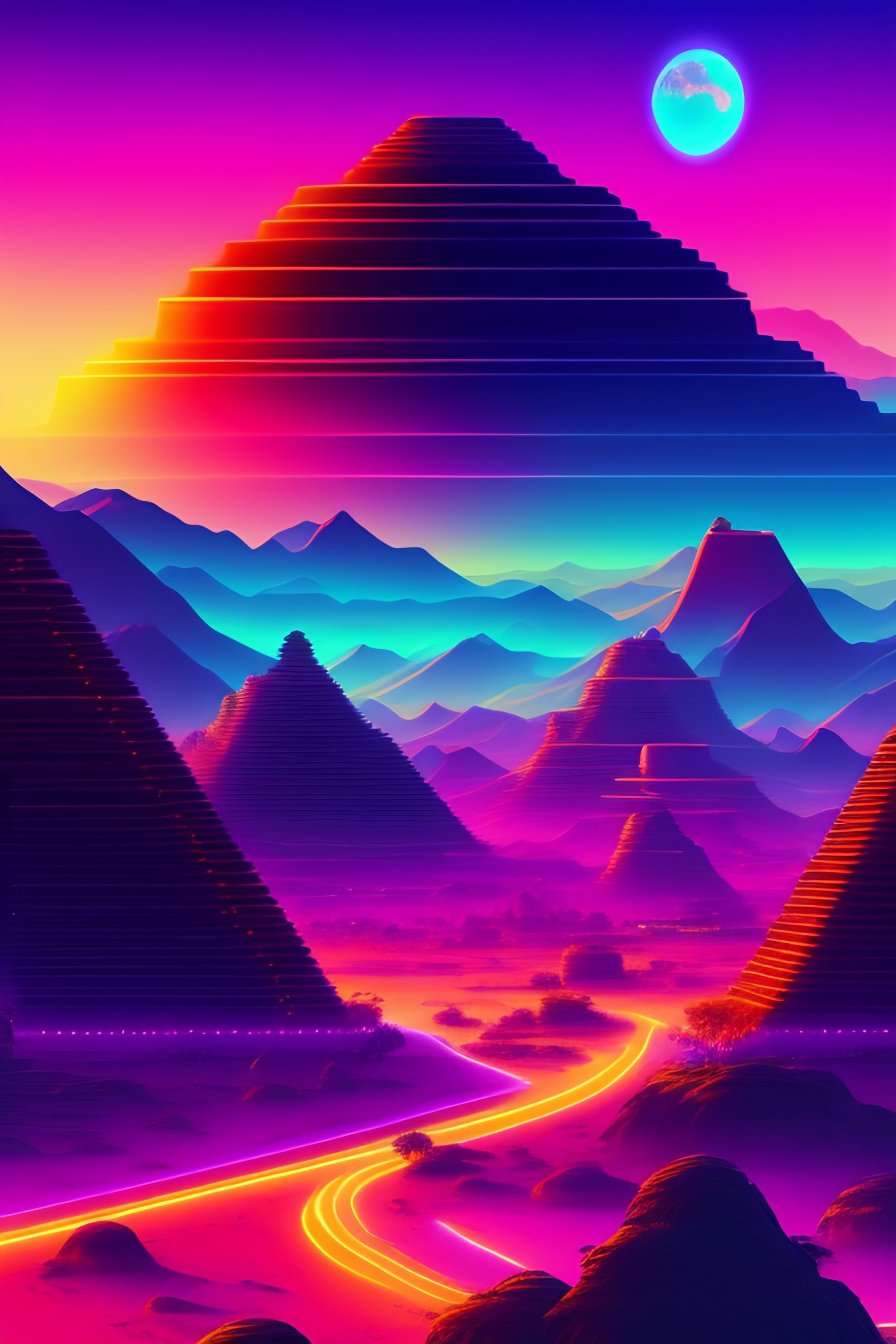 Lexica - Synthwave inka town with moon background, sharp focus