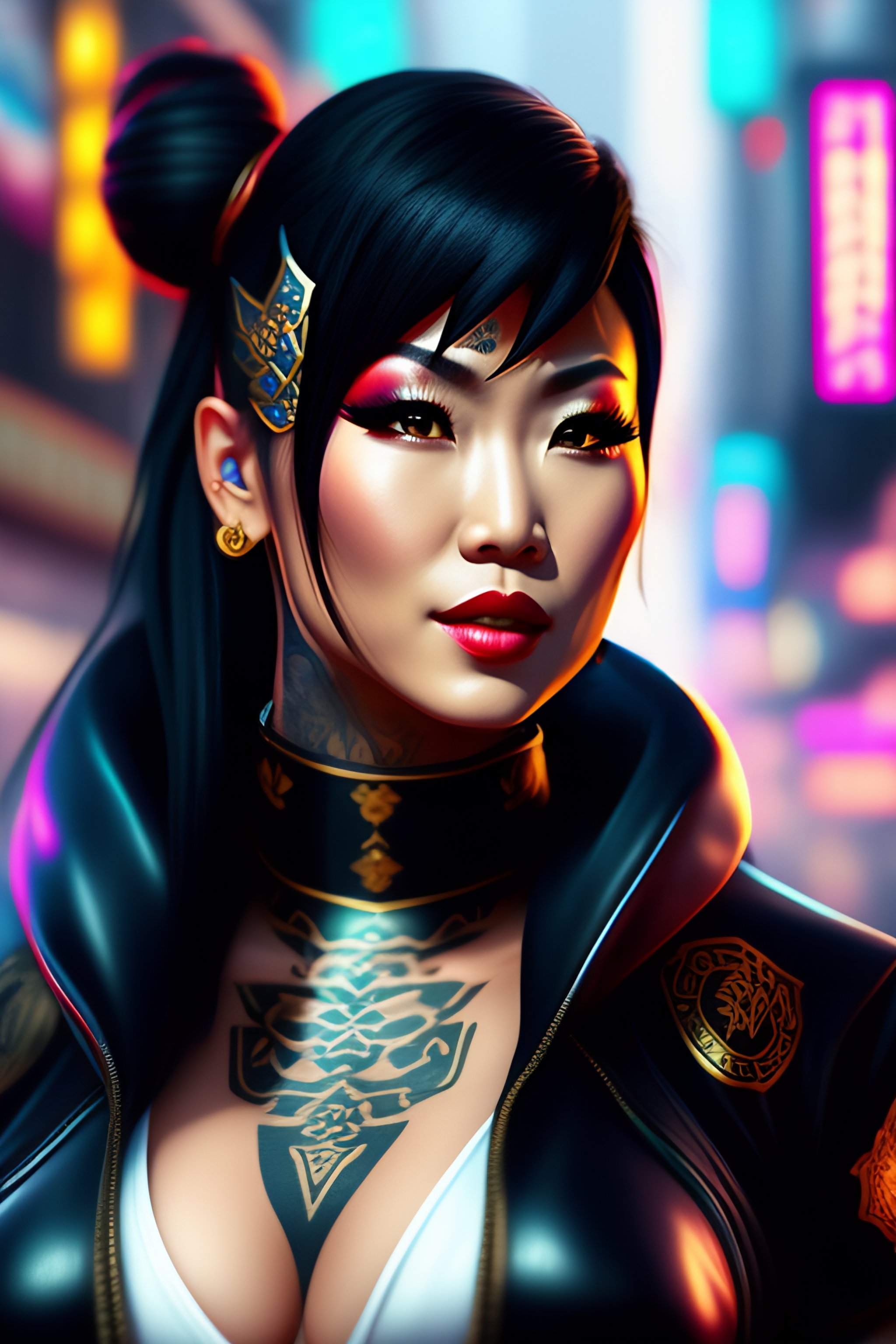 Lexica - Cute Chun Li with yakuza tattoos in a cyberpunk-style city