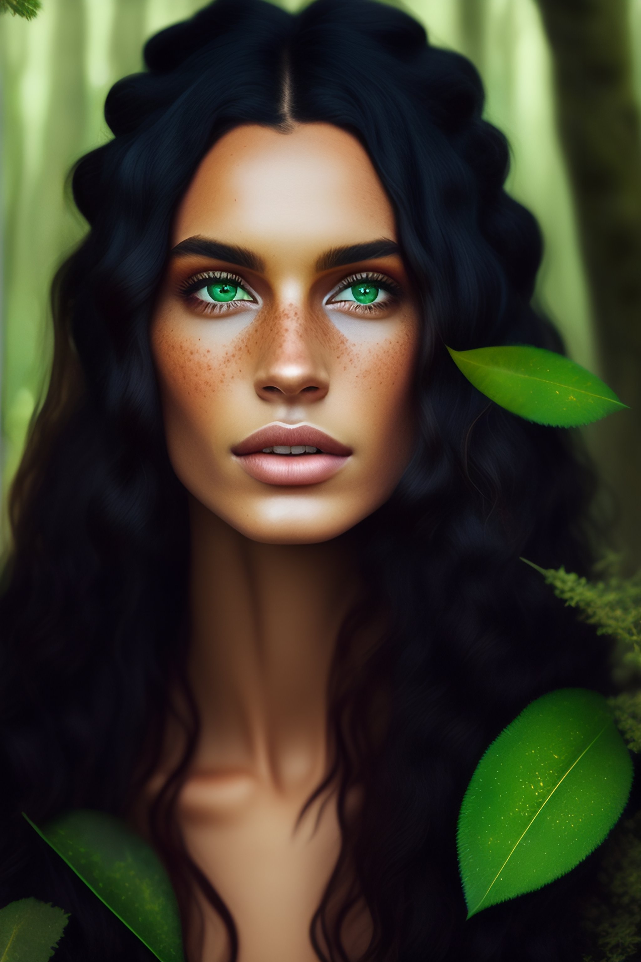Lexica Wild And Black Hair Green Eyes Freckles Forest Woman 
