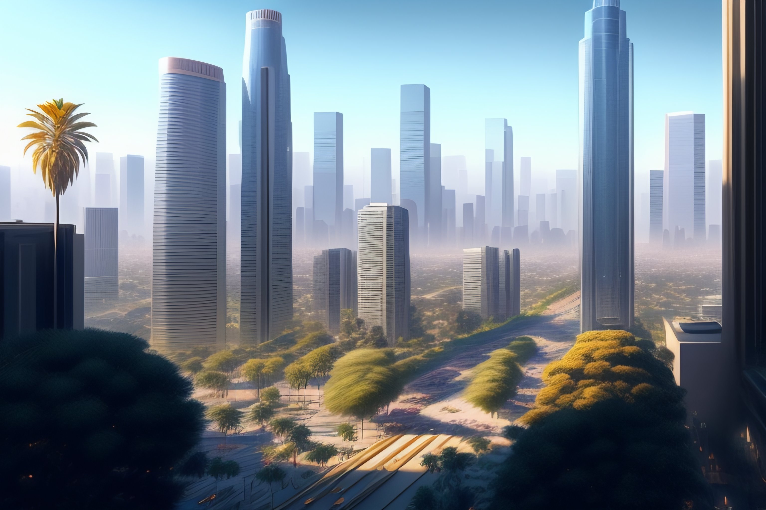 Lexica Los angeles in 2050 with sky scrapers, lots of trees and happy