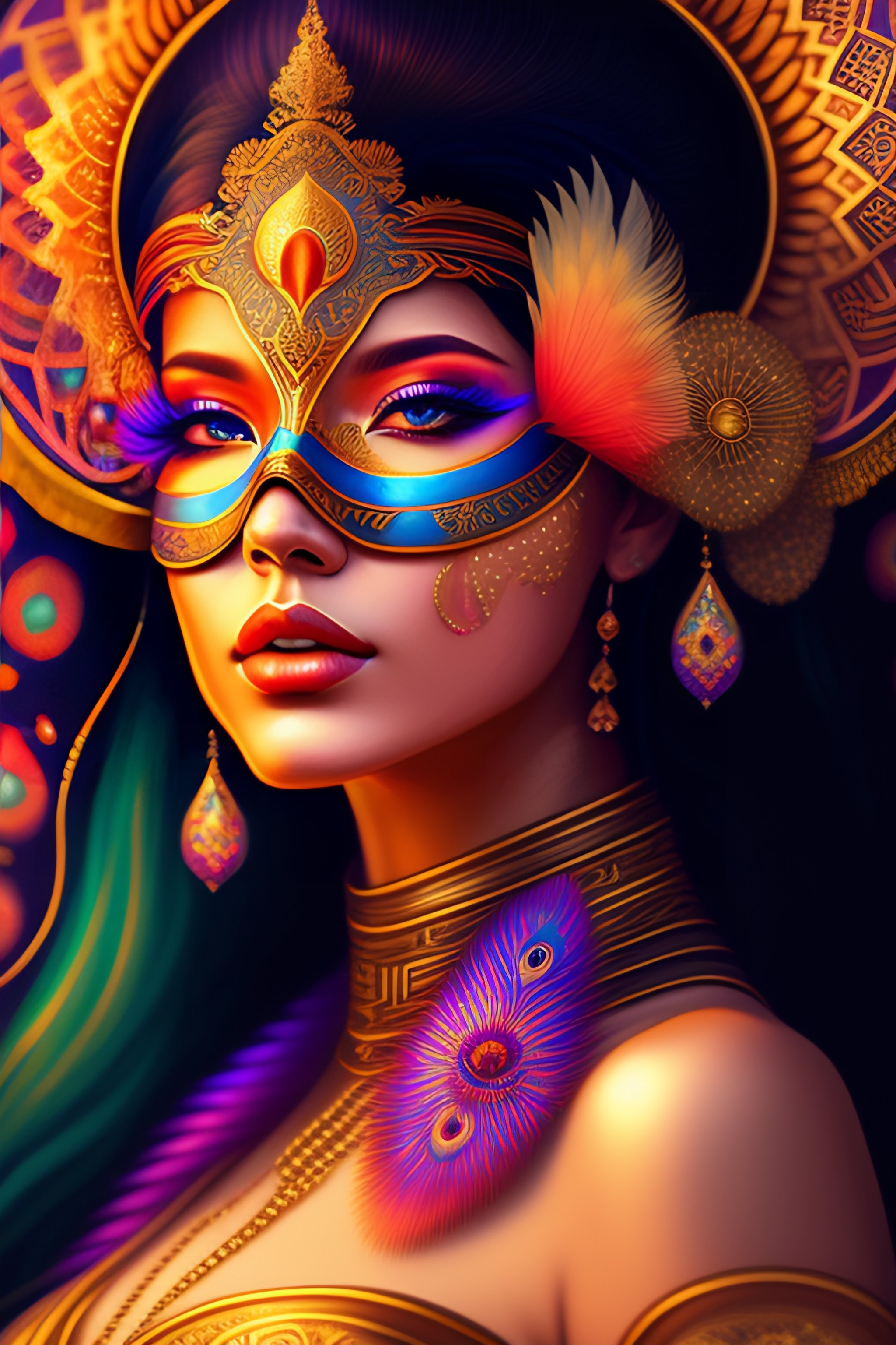 Lexica Centered Detailed Portrait Of A Masked Woman Wearing A Venetian Mask Vibrant Peacock