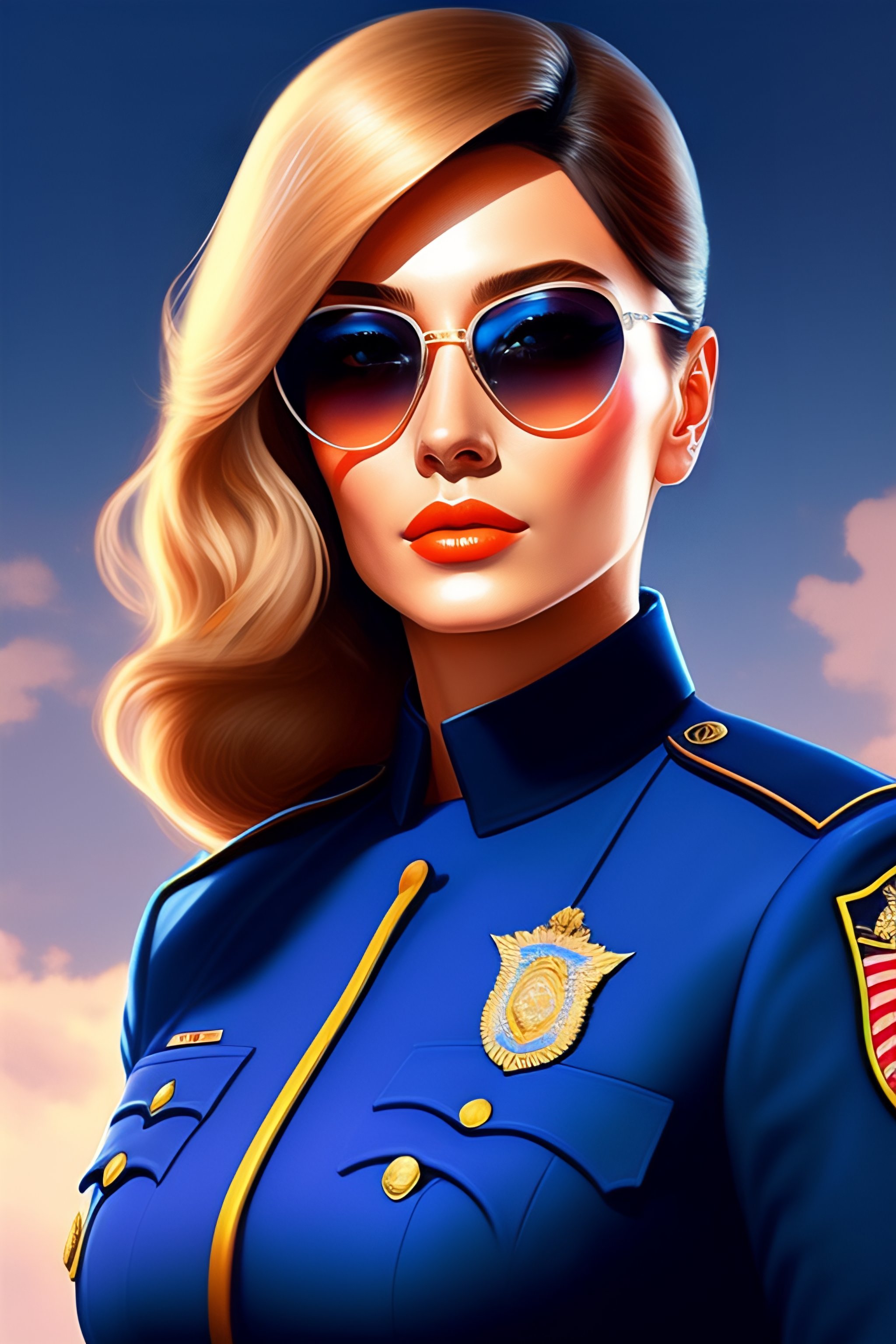 Lexica - Portrait of middle-aged policewoman, with sunglasses, blue ...