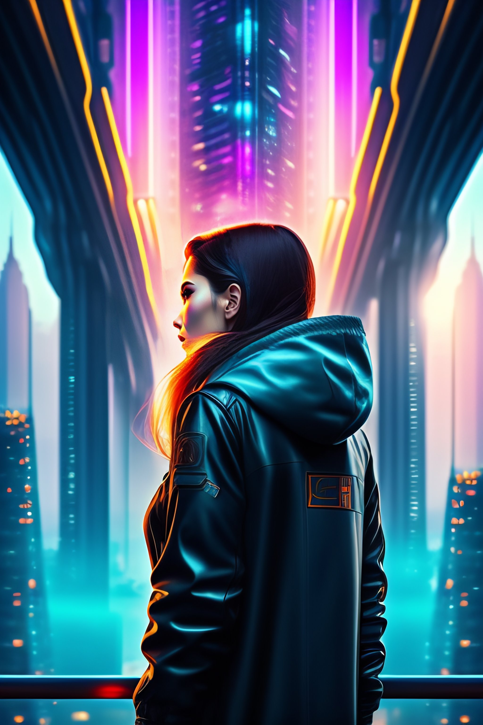 Lexica - Point of view the girl in a city finding someone. cyberpunk theme.