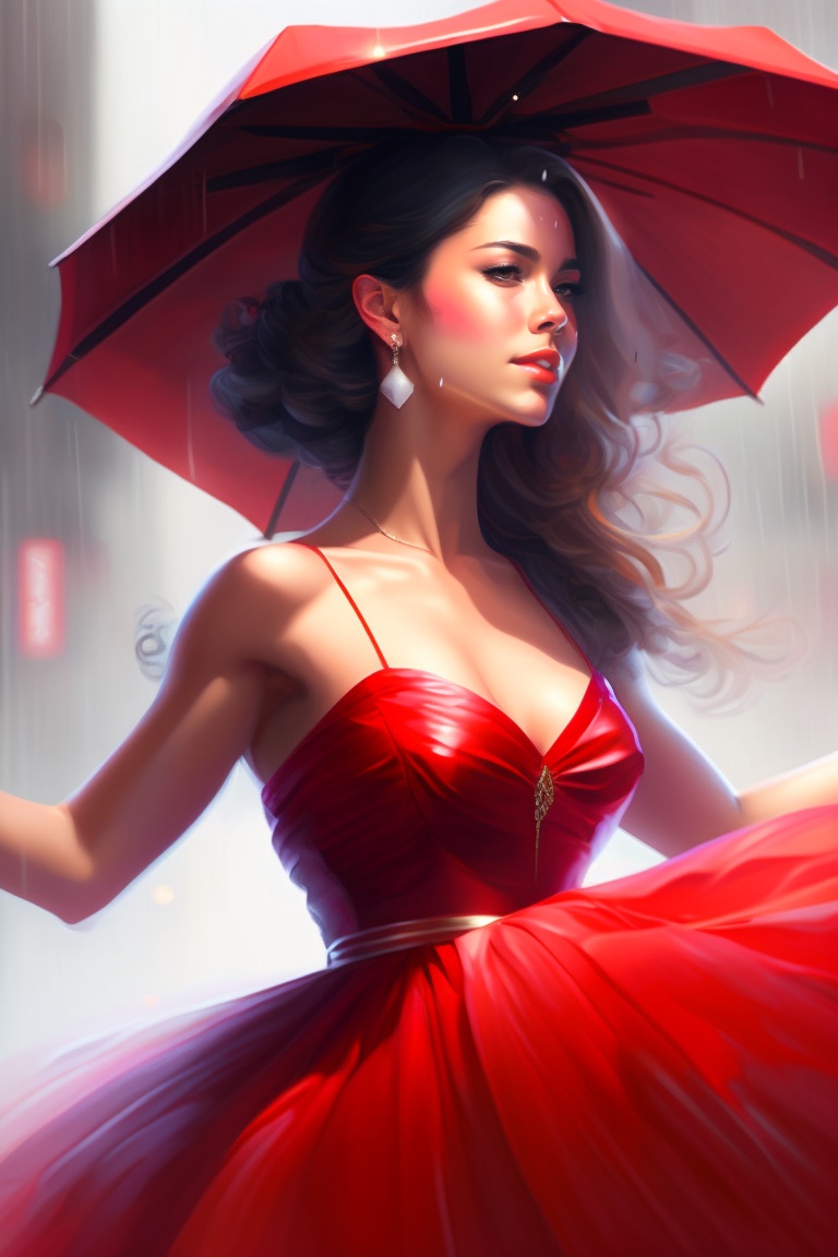 Lexica - A beautiful young woman dancing under the rain || red dress ...