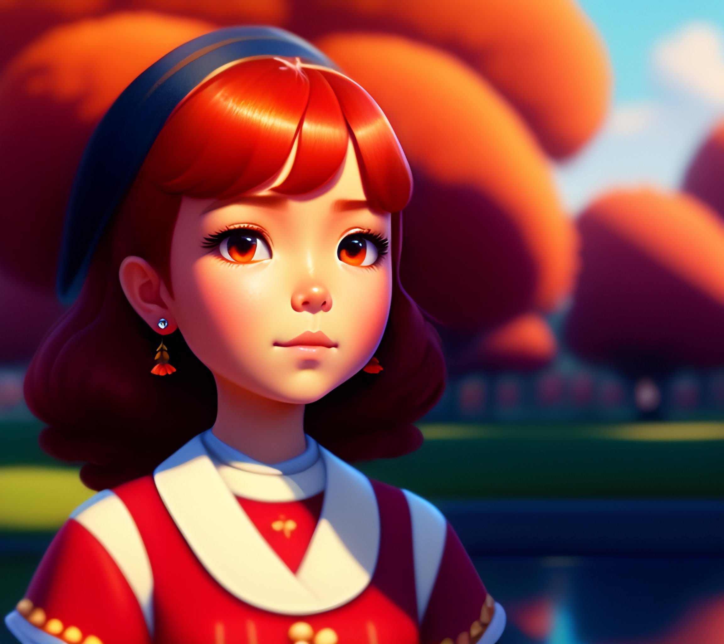 Lexica - An portrait of an extremely cute short redhead mexican girl in a  park with red flowers by studio ghibli,