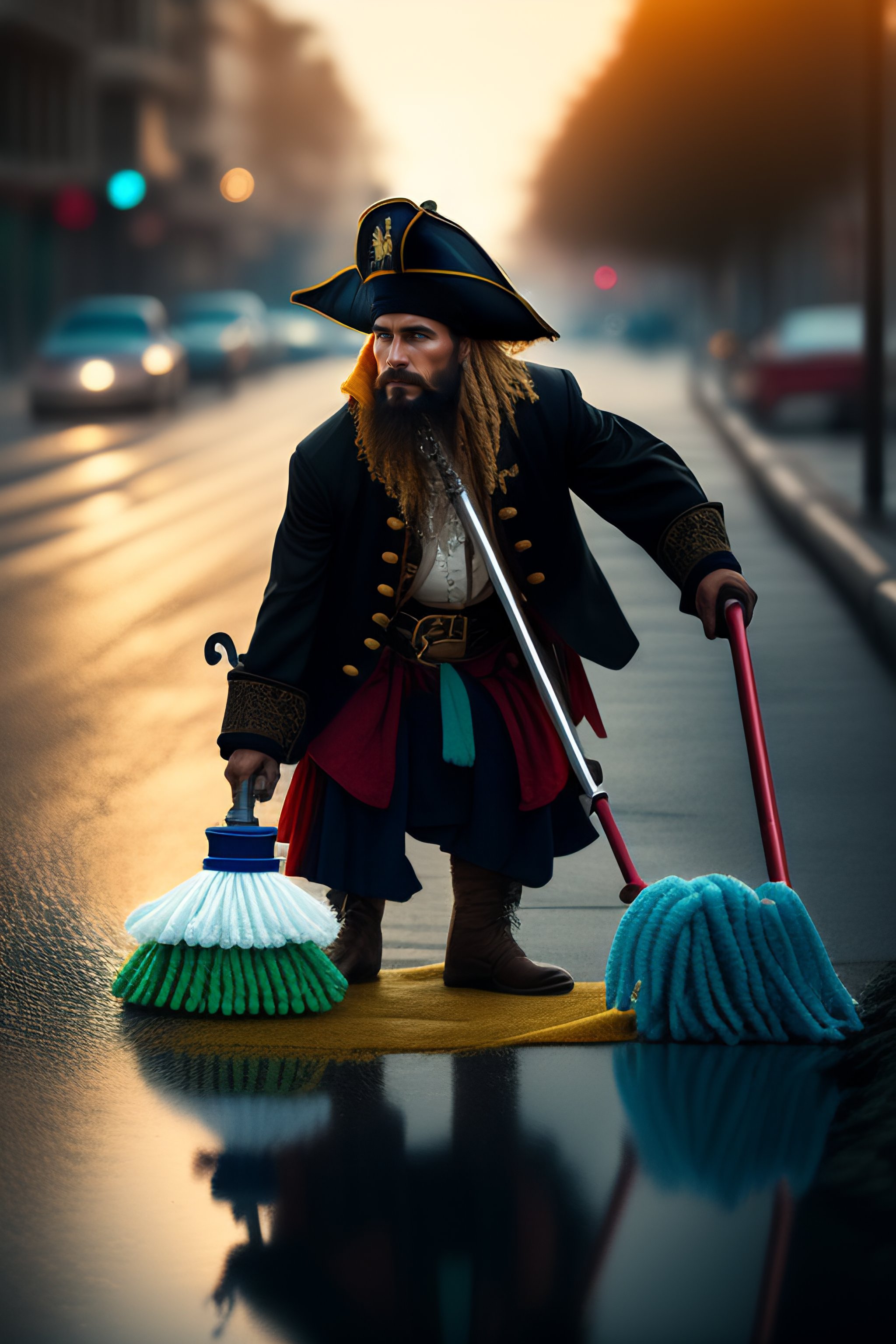 Lexica Pirate cleaning the street with a mop