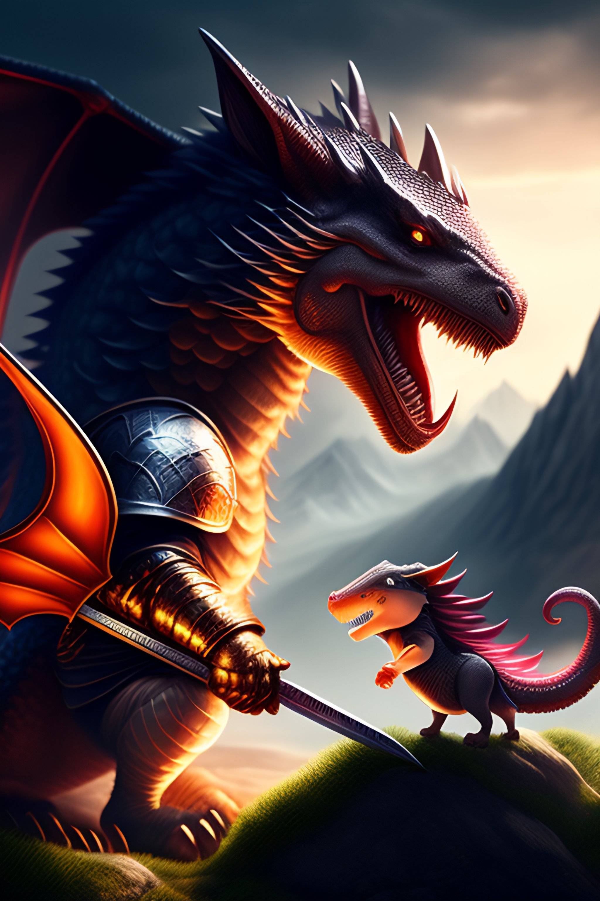 Lexica - Knight fighting a baby dragon in the mountain