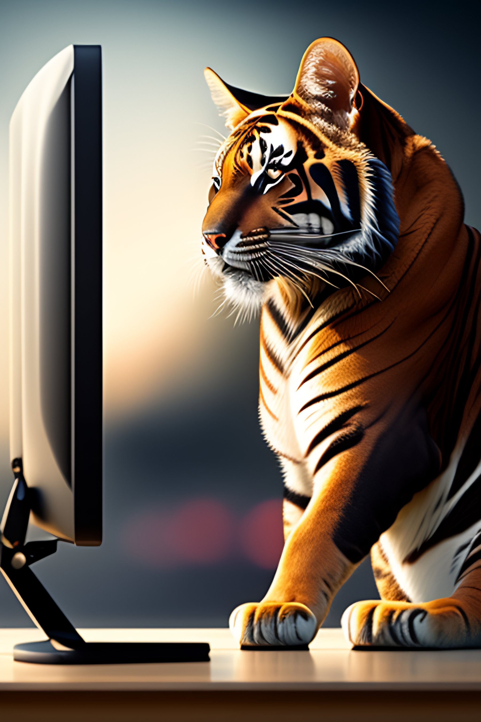 Lexica - Brown tiger cat blogging against a PC display.