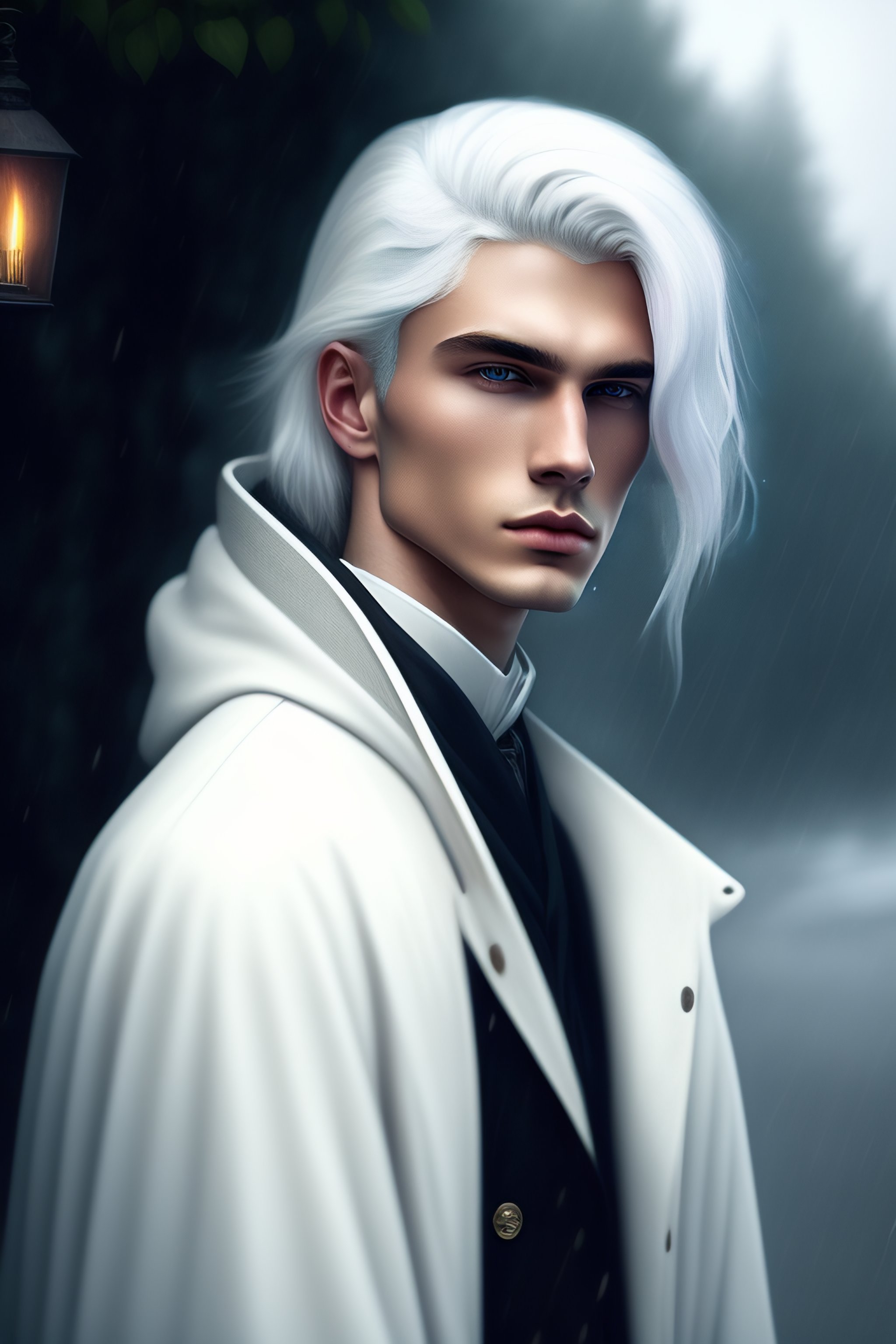 Lexica - Gloomy elegant white-haired boy in a raincoat a lot of details ...