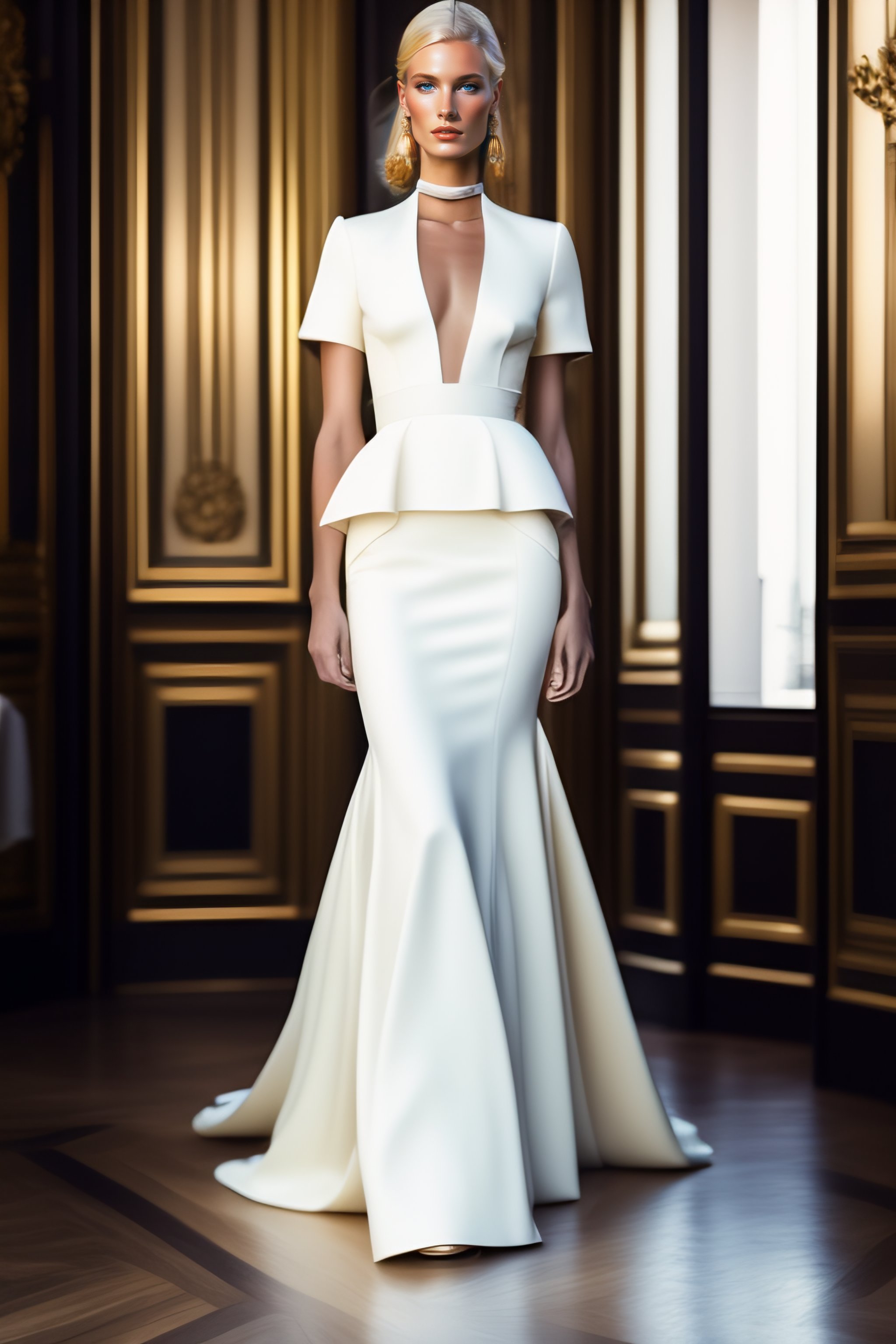 Lexica - Blond fashion model wearing a long form fitted wedding dress ...