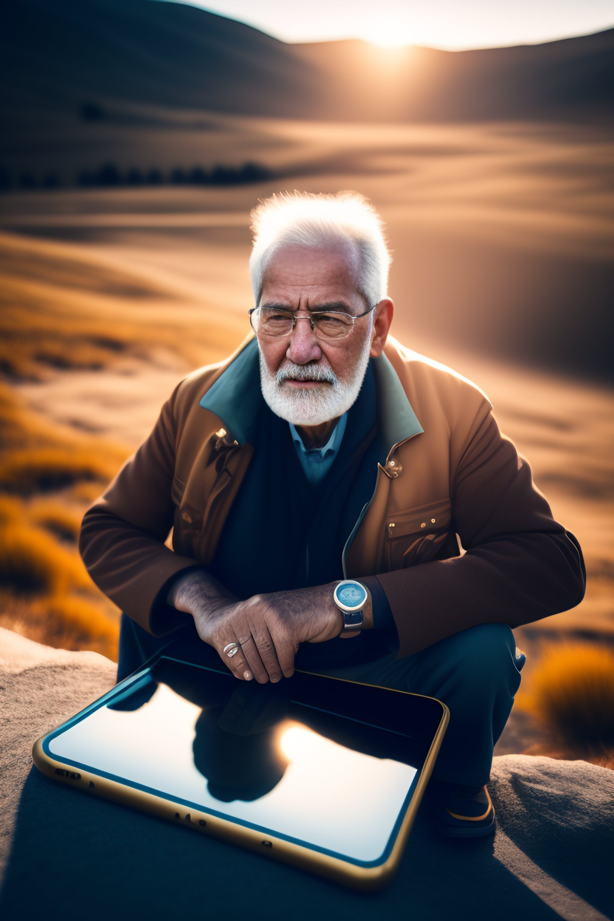 lexica-old-man-sitting-ipad-shot-from-top-behind-golden-light