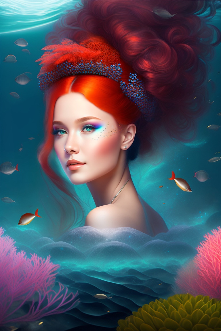 Lexica - Girl with red hair, mistress of the seas. Corals on the head.