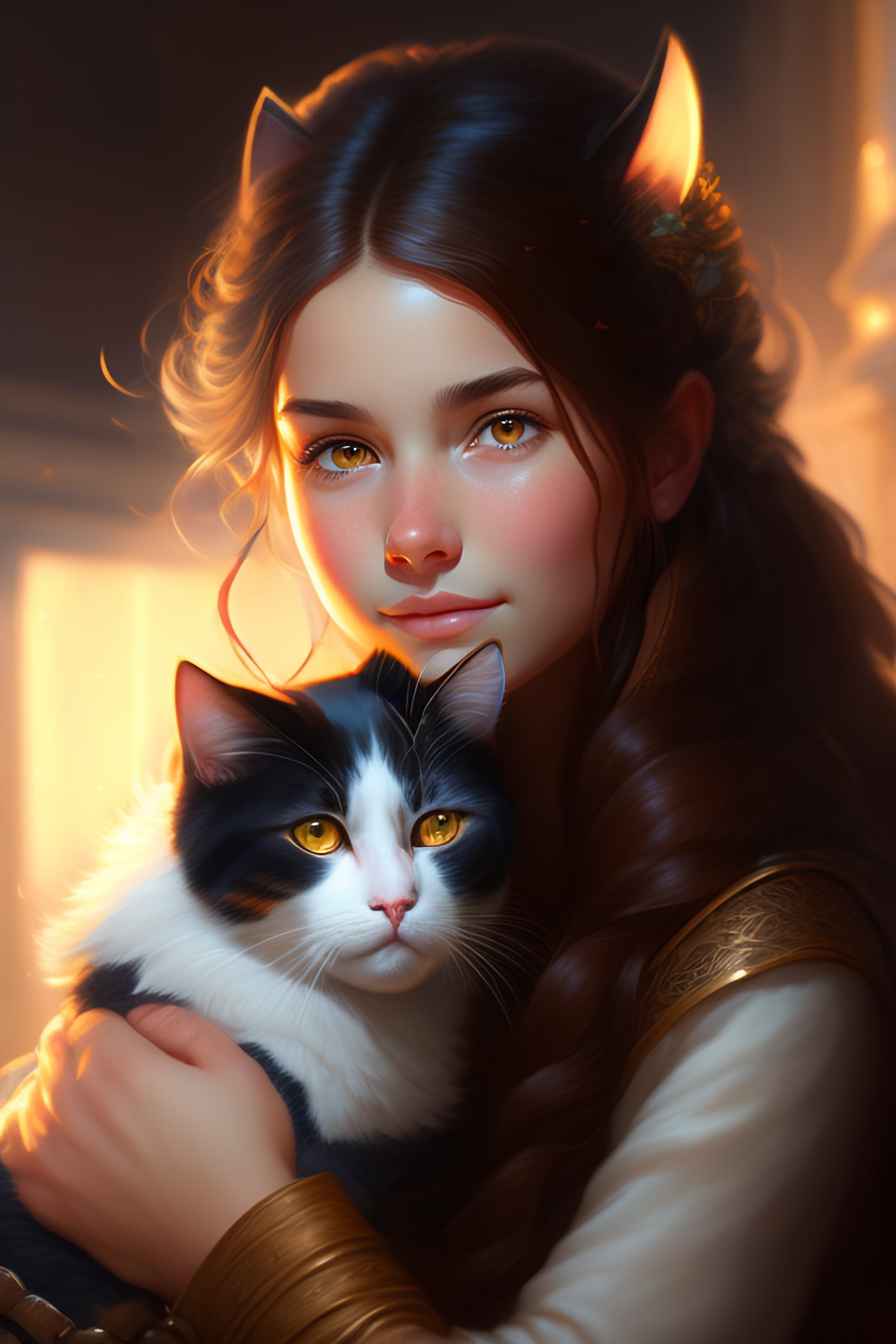 Lexica - A detailed portrait of a cute brunette girl hugging a cat  illustrator, by justin gerard and greg rutkowski, digital art, realistic  painting,...