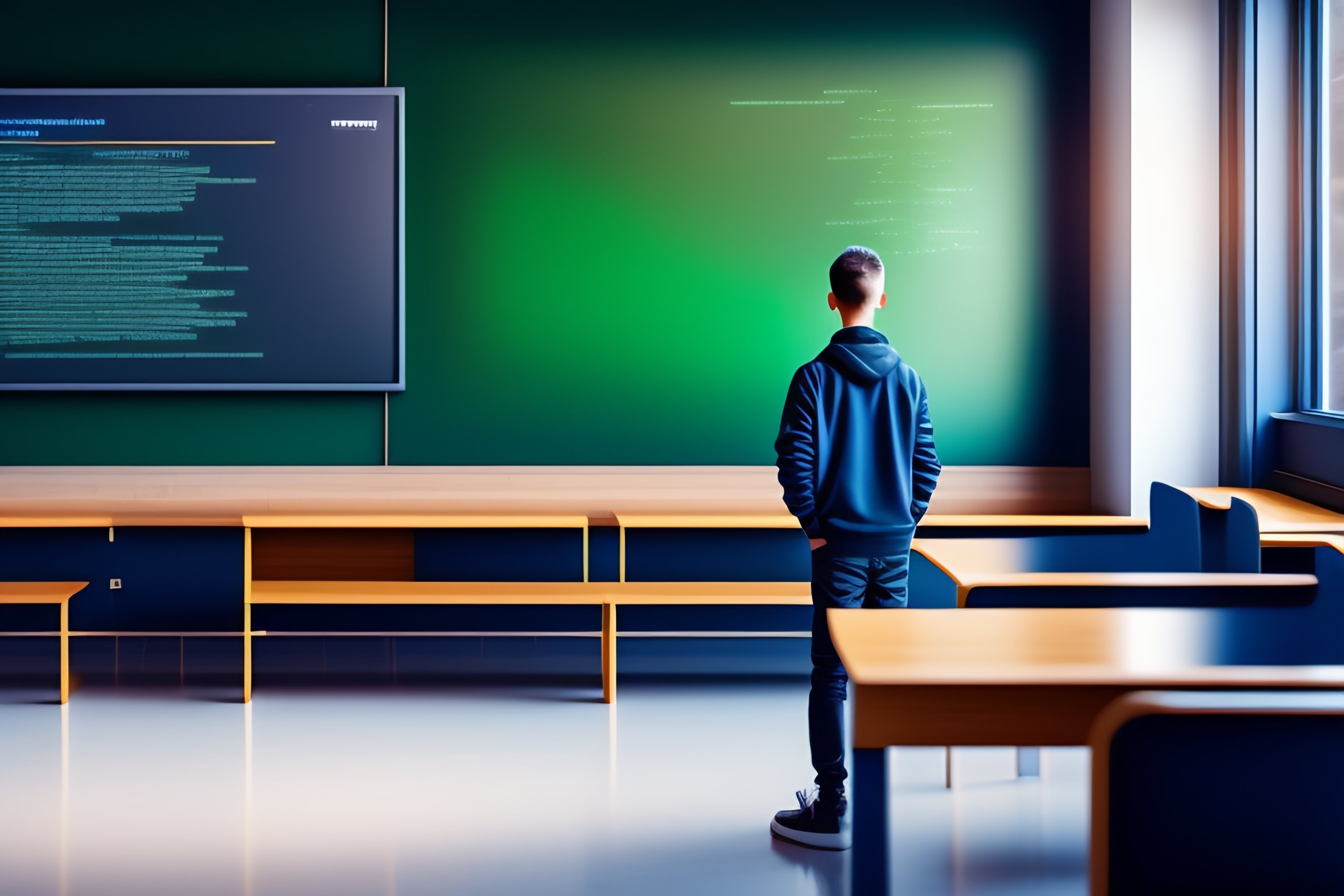 Lexica - A student standing in a classroom with blackboard behind him ...