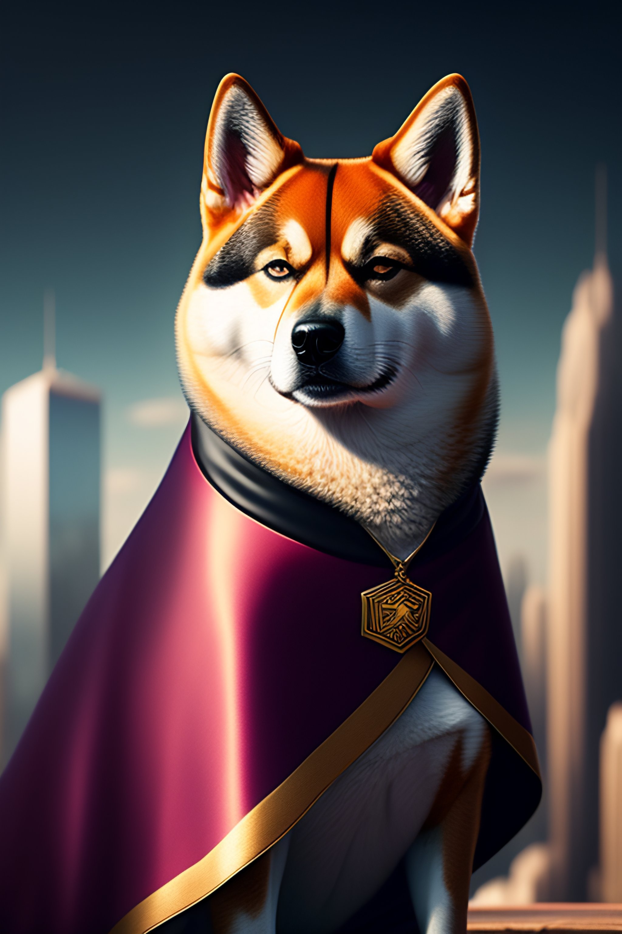 Lexica - Shiba inu as a superhero with a cape watching over a big city ...