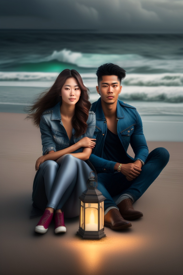 Lexica - A cutest woman and man sitting near in the beach, with a ...
