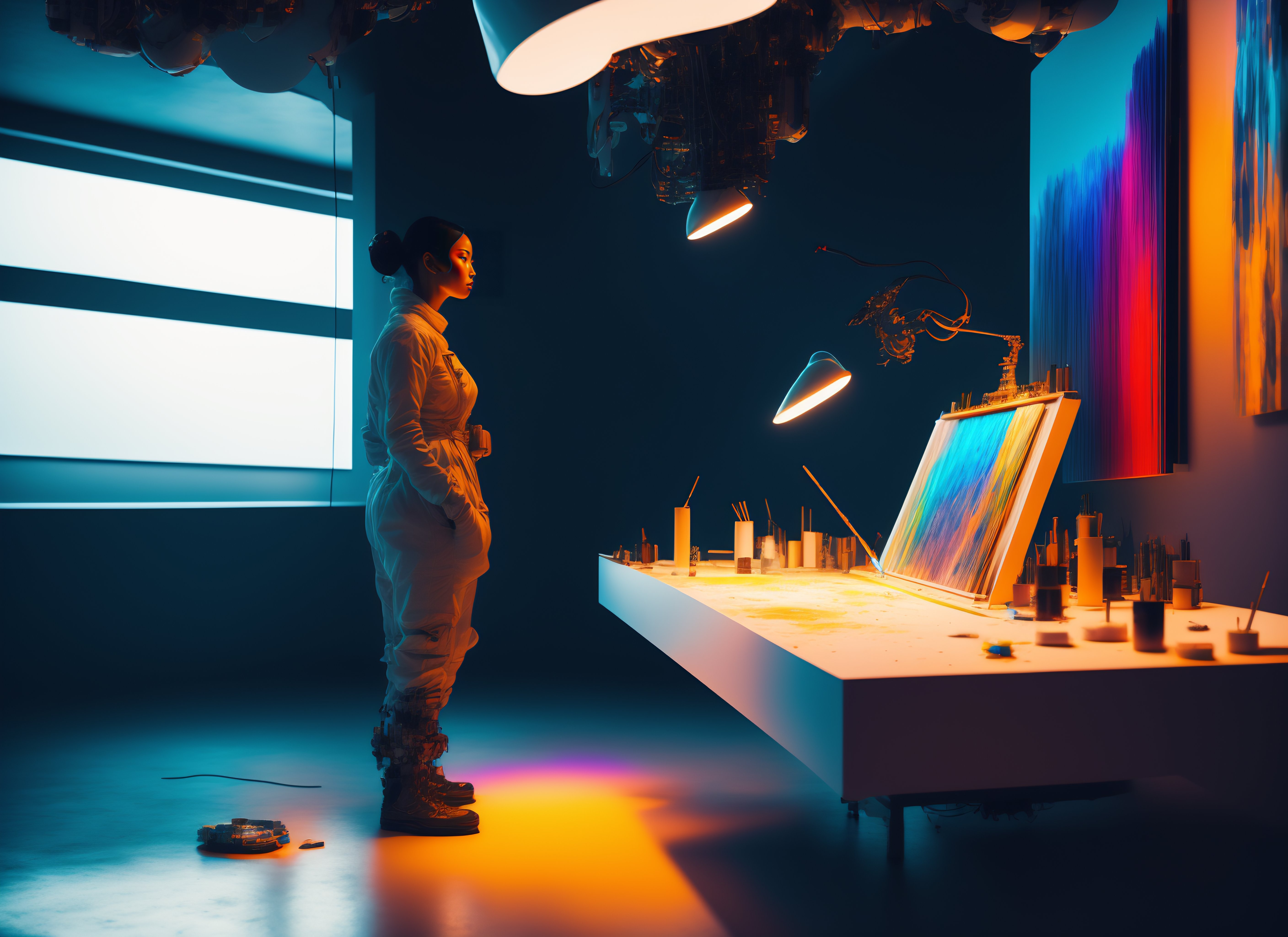 Lexica - Photo of futuristic cyborg robot painter as artist creating a ...